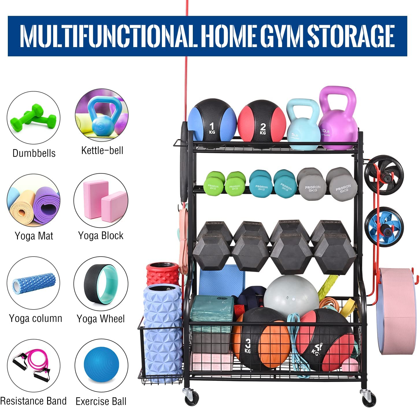 Mythinglogic Dumbbell Rack, Home Gym Storage, Weight Rack for Dumbbells, Yoga Rack, Kettlebells and Yoga Mat Storage, Gym Storage Rack with Wheels and Hooks, Workout Equipment Storage for Fitness And