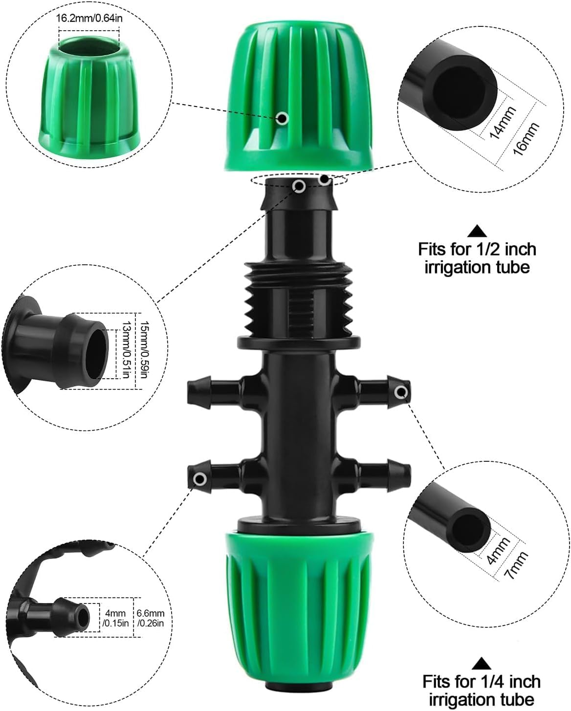 Kalolary 20PCS Barbed Tee 1/2" to 1/4" Drip Irrigation Fittings, Anti-Drop Barbed Hose Parts Connectors for 12Mm/16Mm to 4Mm/7Mm Drip Systems 6 Way Adapter（Green） image number 3