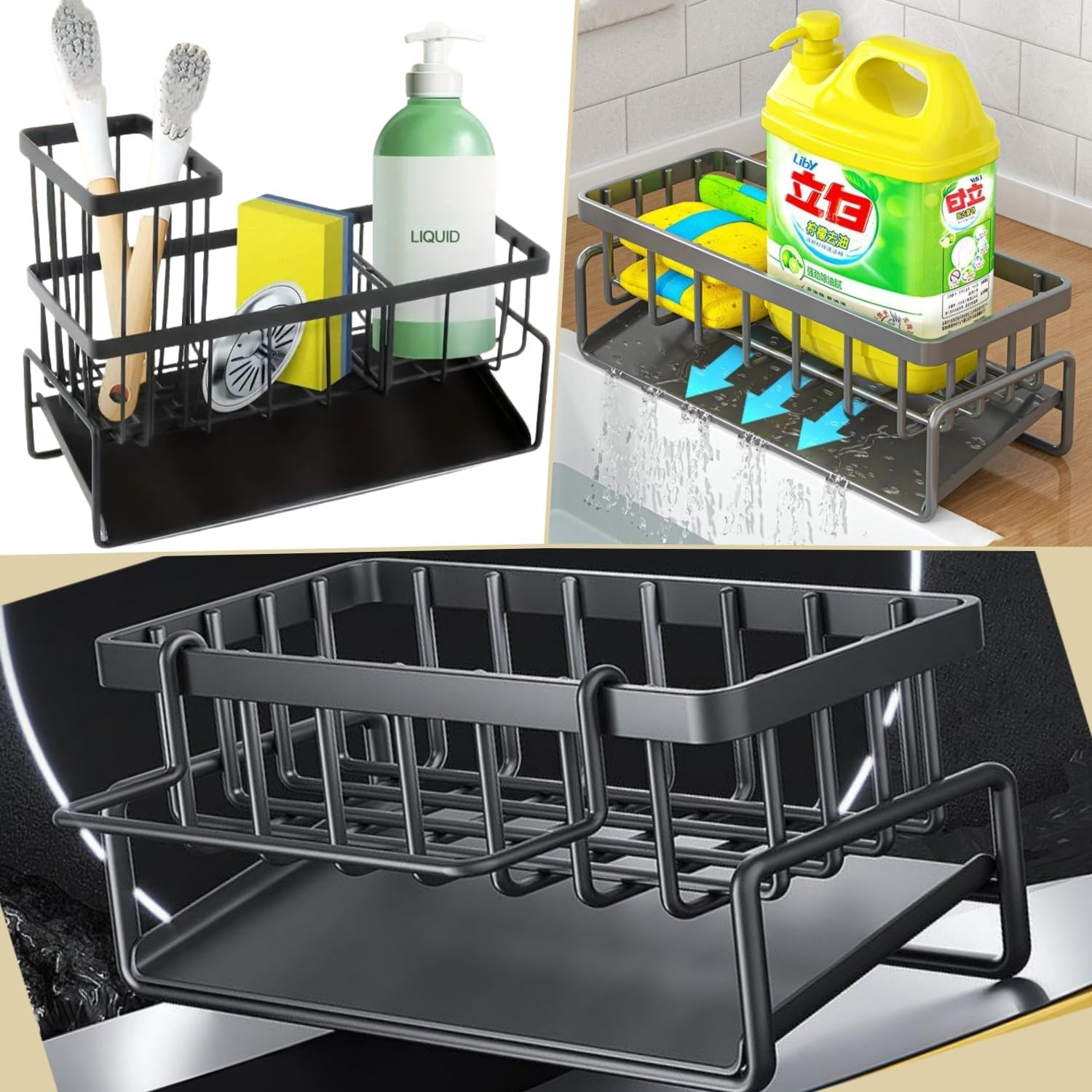 Kitchen Sink Caddy Organiser with Self Draining Tray, Sponge Holder for Kitchen Sink with Brush Holder, Dish Soap Dispenser Storage, Kitchen Sink Organise, Organiser for Counter (Black)