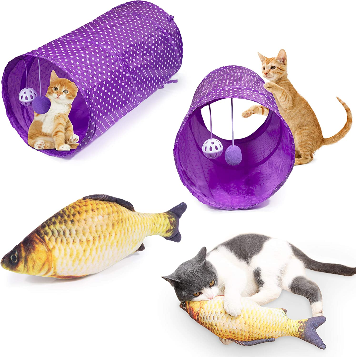 Cat Toys Kitten Toys 34Pcs Assorted Cat Tunnel Catnip Fish Feather Teaser Wand Fish Fluffy Mouse Mice Balls and Bells Toys Storage Bag Set Kit Interactive Cat Toys Cat Feather Toy Mlorine (34PCS) image number 3