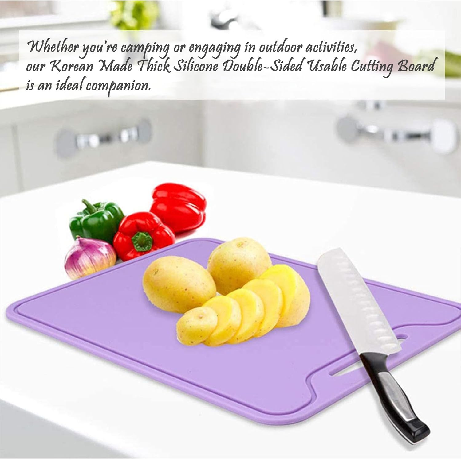 Thick Silicone Cutting Board, Double-Sided, Non-Slip, Juice Groove, Foldable, 11.65In * 8.58In, Yellow, Orange, Lavender, Purple, Blue image number 5