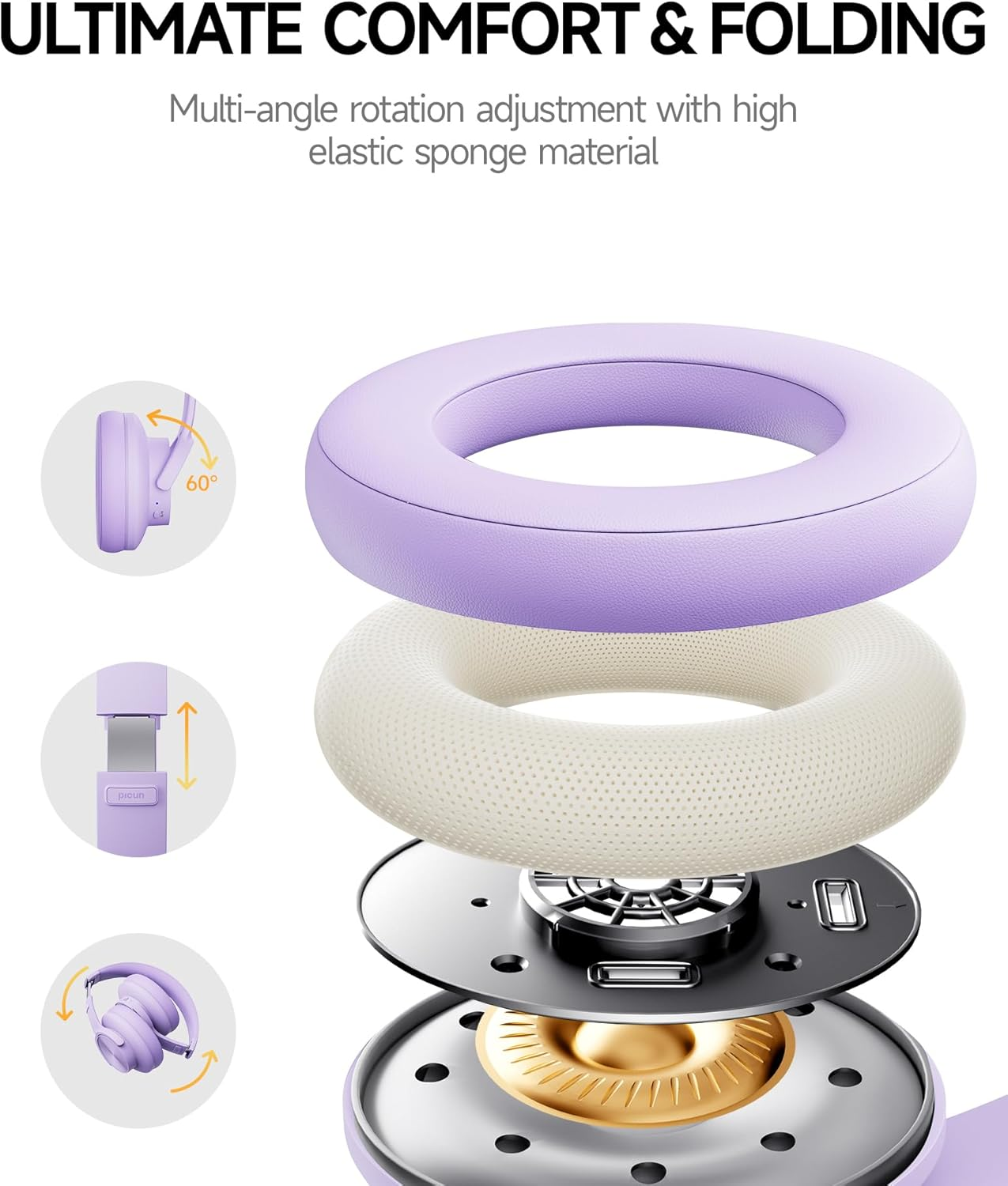 Picun B8 Headphones, Wireless Bluetooth, 120H Bluetooth Headphones, 3EQ Music Mode, Hands-Free Calls, Deep Bass Headphones for Travel, Home, Office, Mobile Phone PC (Purple) image number 3