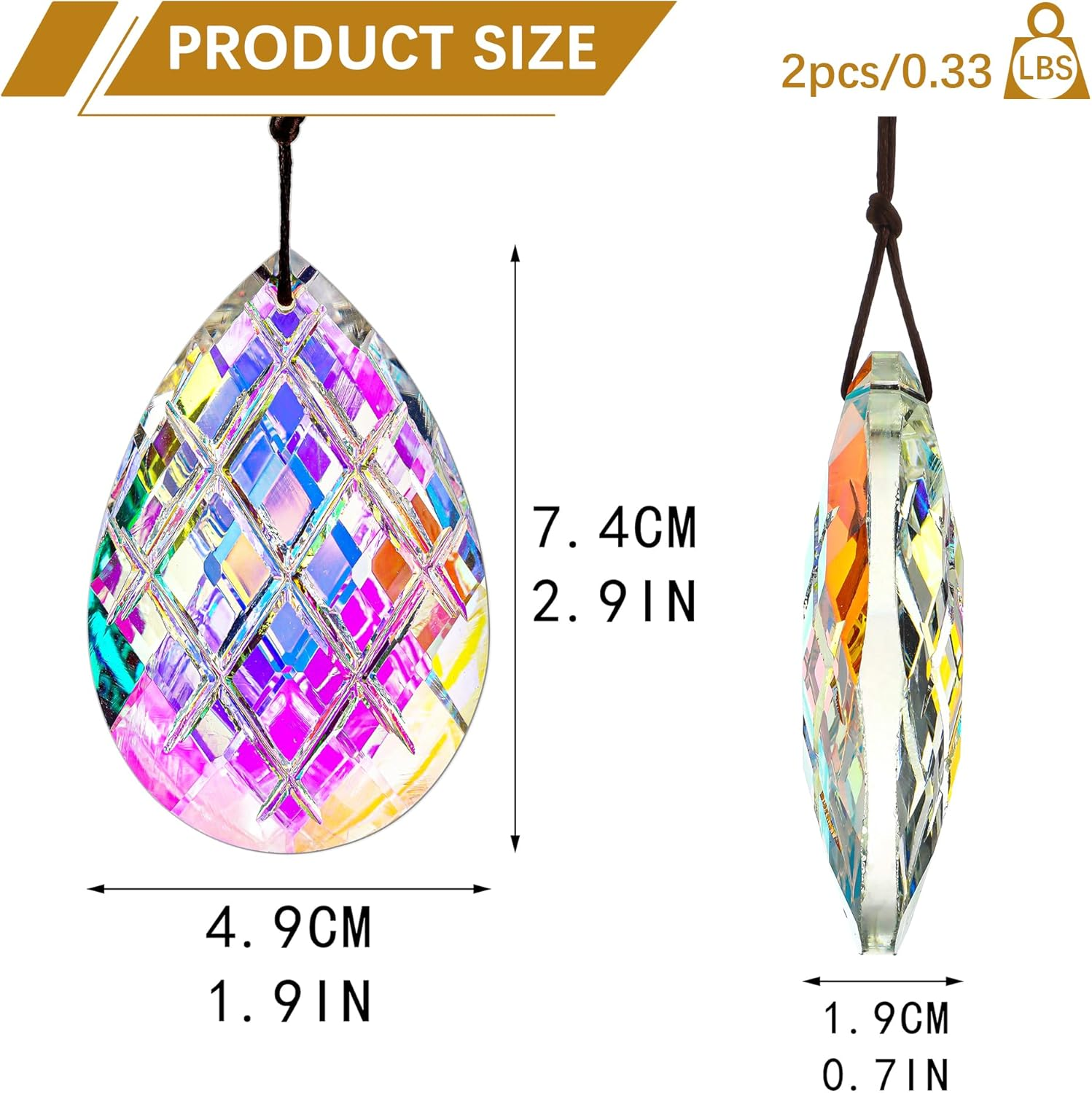 HDCRYSTALGIFTS Set 2 Crystal Sun Catcher Prisms Pendant for Window Hanging Decor,3Inch AB Colored Crystal Suncatchers Rainbow Maker Light Catcher for Home Indoor Garden Ornament image number 2
