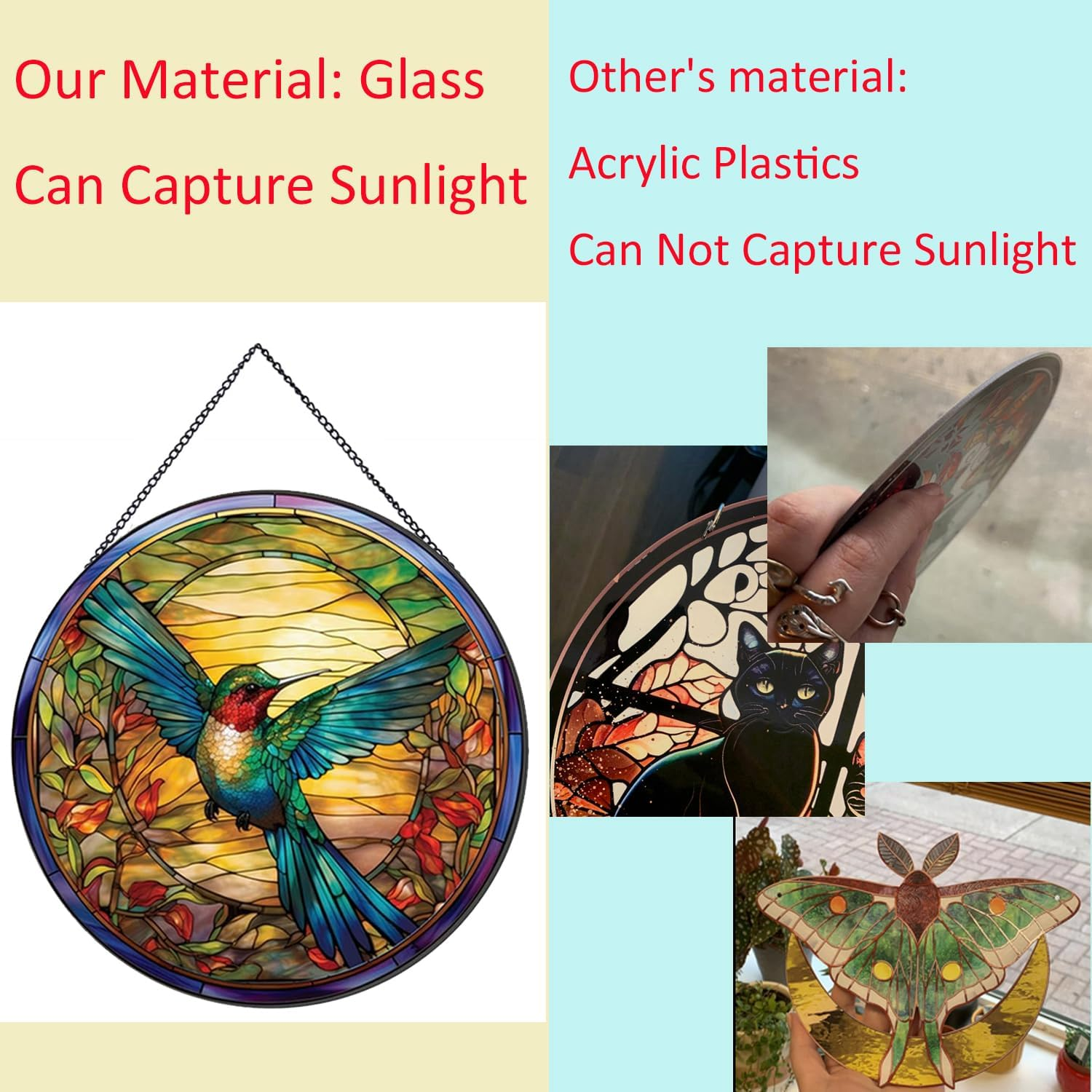 Hummingbirds Pattern Stained Glass Suncatchers for Windows,Hanging Stained Glass Suncatcher,20Cm/7.87Inch Hand-Painted Sun Catcher Garden Hangings Painted Glass Panel Decor Themed Gift image number 3