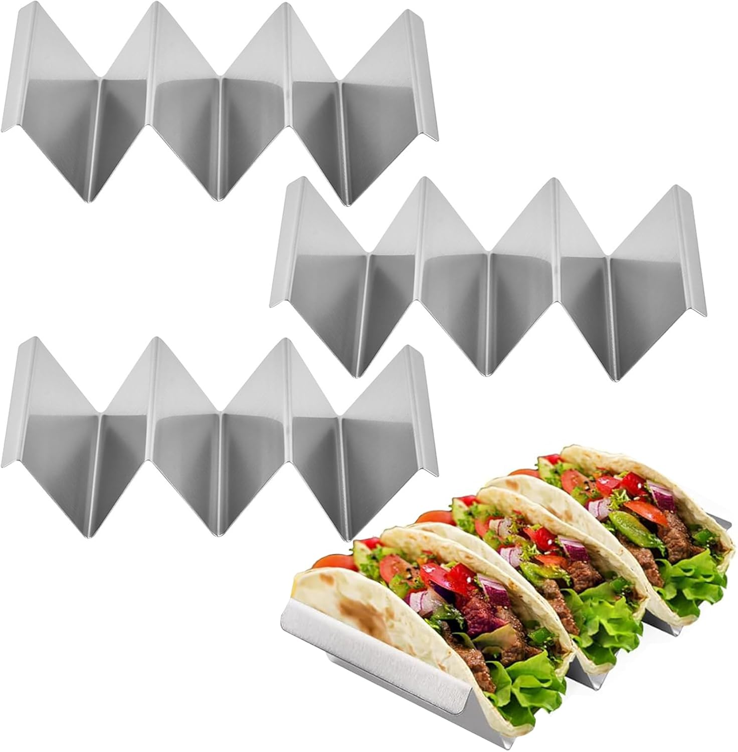 4 Pcs Taco Holder Stand Wave Stainless Steel Taco Shell Holder Stand with Handles Double Sided Use Taco Holder Stand Holds up to 3 Tacos Multifunctional Taco Tray Holder for Restaurant and Home image number 5