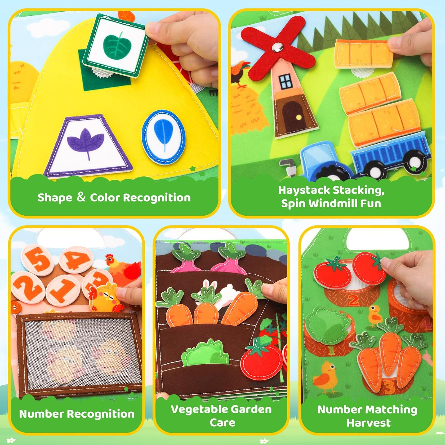ZCOINS Farm Animal Busy Book Toys for Toddlers Travel Airplane, Montessori Quiet Busy Board Activity Book Toys for Toddler Baby Birthday Gifts, Educational Sensory Learning Felt Busy Board for Travel image number 6