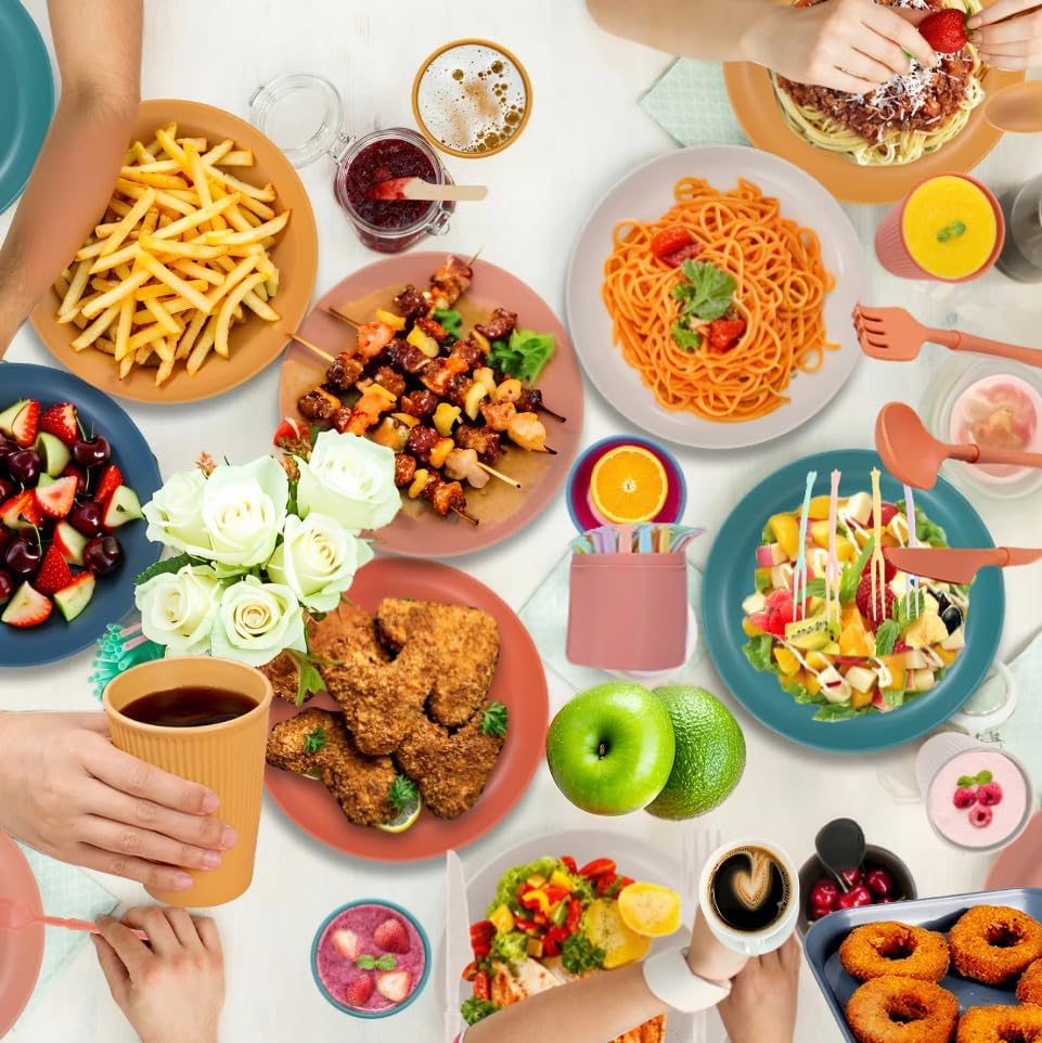 50 Pcs Wheat Straw Dinnerware Sets, Unbreakable Dishes Microwave Safe Dinnerware,Lightweight Reusable Bowls with Plates,Cups,Knives,Forks and Spoons Utensil Set for Camping (A Set of 6) image number 6