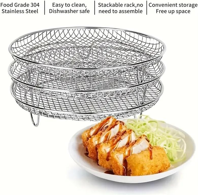 AIMALL 3-Piece Air Fryer Grill Rack &ndash; Food Grade 304 Stainless Steel, Multi-Layer Stackable Mesh Tray for Round, Square, and Rectangular Air Fryers