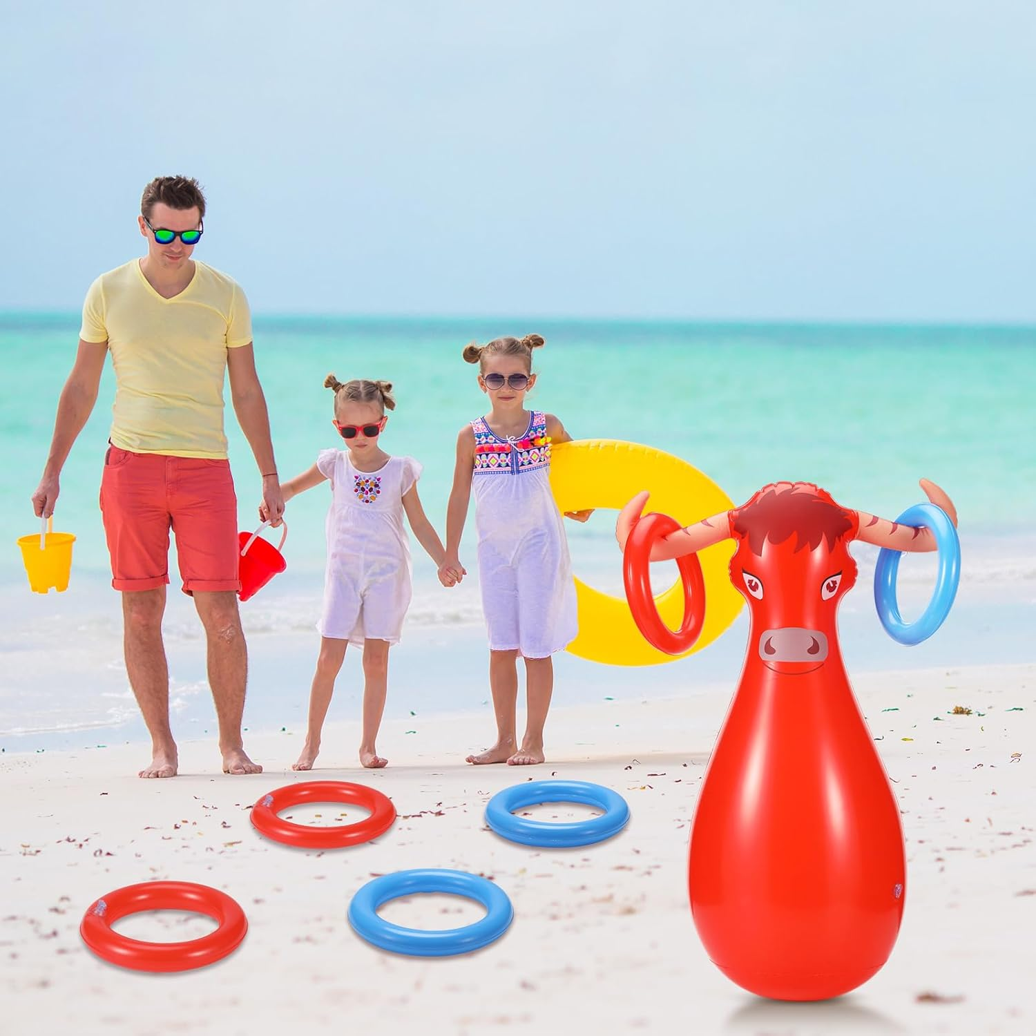 Arrowbash Inflatable Bull Ring Toss Game Set Include Inflatable Bull, Inflatable Rings for Kids Adults Fiesta Rodeo Cowboy Party Supplies Pool Beach Decoration