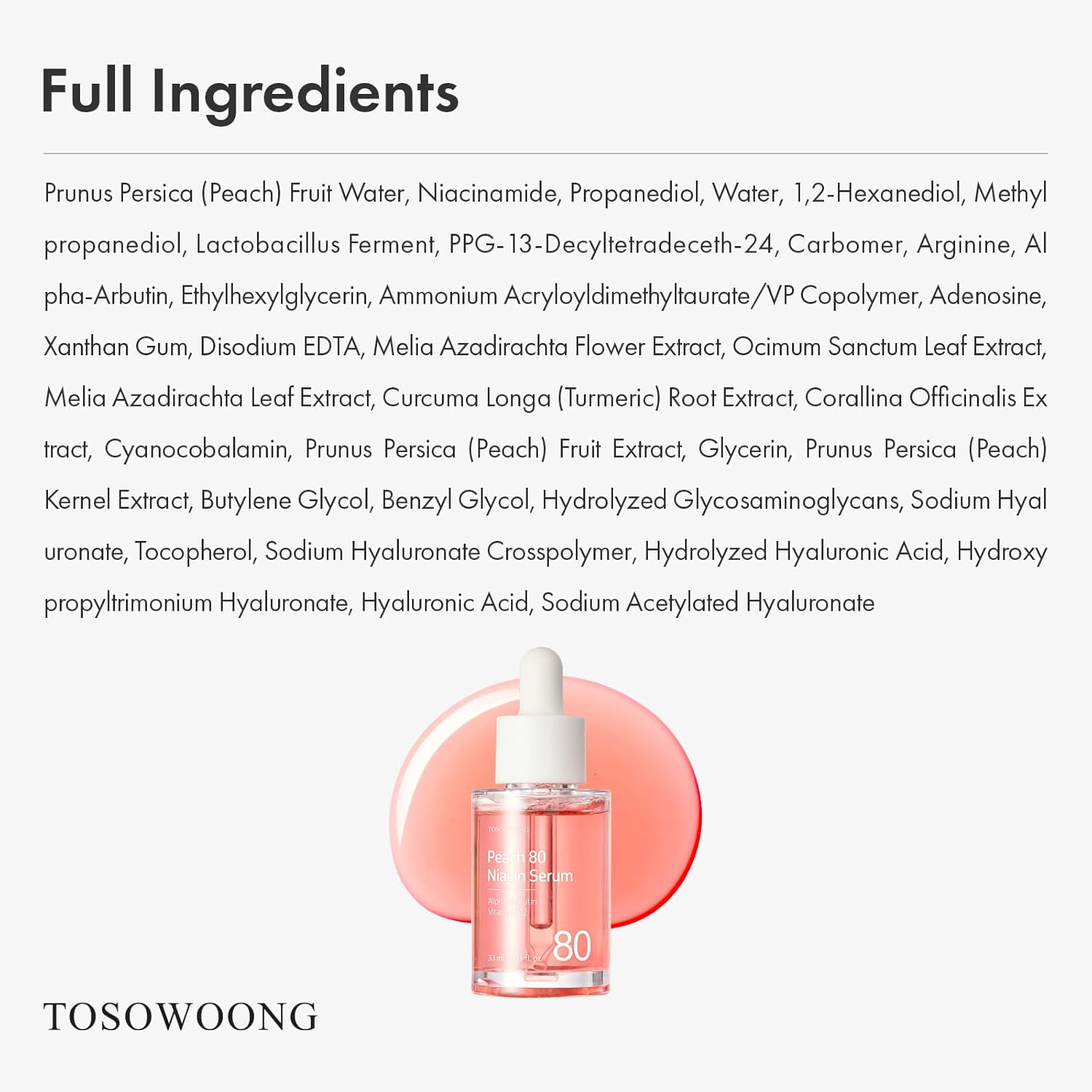 TOSOWOONG Peach 80 Niacin Serum, 5% Niacinamide, Alpha-Arbutin, Vitamin B12, Glass Skin, Hydrating Face Serum for Dark Spots, Pore Minimizer, Uneven Tone, Dullness, Korean Skincare, 33Ml / 1.11 Fl. Oz. image number 3