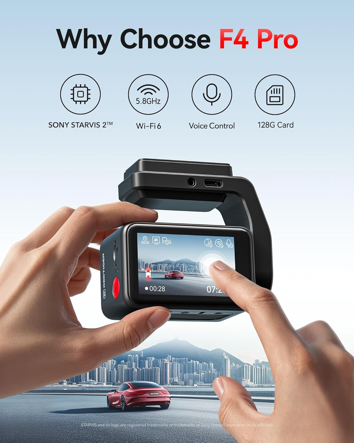 REDTIGER F4 Pro 4K Dash Cam Front and Rear, STARVIS 2 Sensor, 128GB Card Included, Built-In 5.8Ghz Wifi6, 2.2Inch Touch Screen Dash Camera for Cars, Voice Control, 24H Parking Mode image number 2