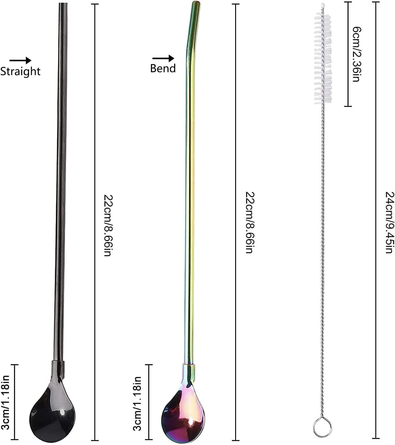 Betterjonny 14Pcs Stainless Steel Drinking Spoon Straws - 2 in 1 Long Handle Reusable Straws with 2 Cleaning Brushes for Latte Macchiato (7 Colors)