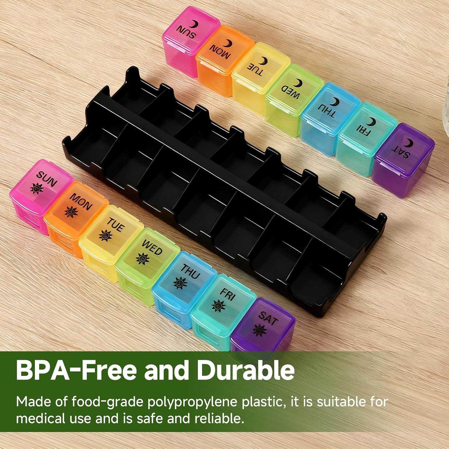 7 Day Medication Organizer Daily Pill Box - Push Button Open, 14 Large AM/PM Compartments for Vitamins/Fish Oil/Supplements, Weekly Pill Container for Seniors (Colorful) image number 3