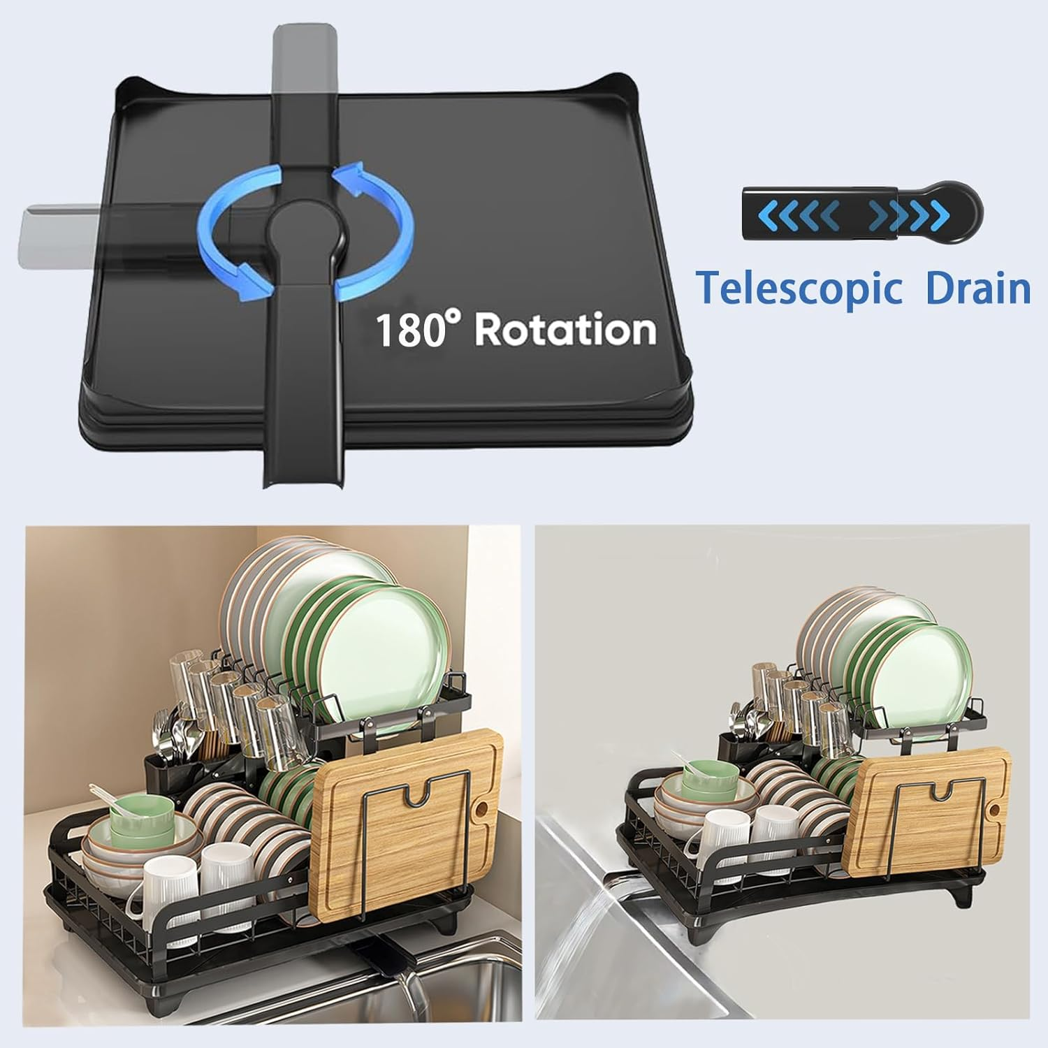 Hoisimdy Dish Drying Rack 2 Tier Dish Rack Kitchen Large Capacity Dish Drainer with Auto Drainage (Black) - Black image number 6