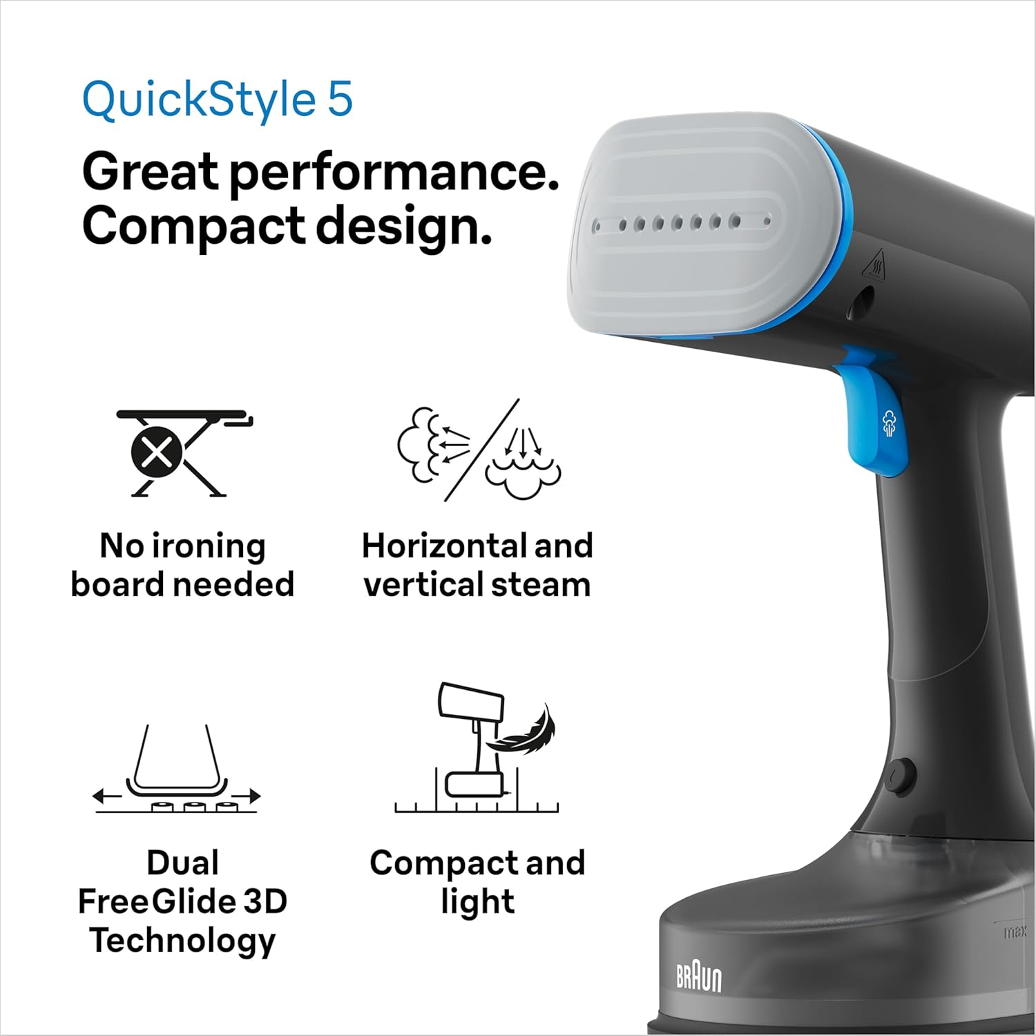 Braun Quickstyle 5 GS5031BL, Garment Steamer with Dual Plate Freeglide 3D, Handheld Steamer with Fastheating, Steam 22 G/Min, Capacity 150 Ml, Cord 2.5M, 1200W, Black/Blue image number 2