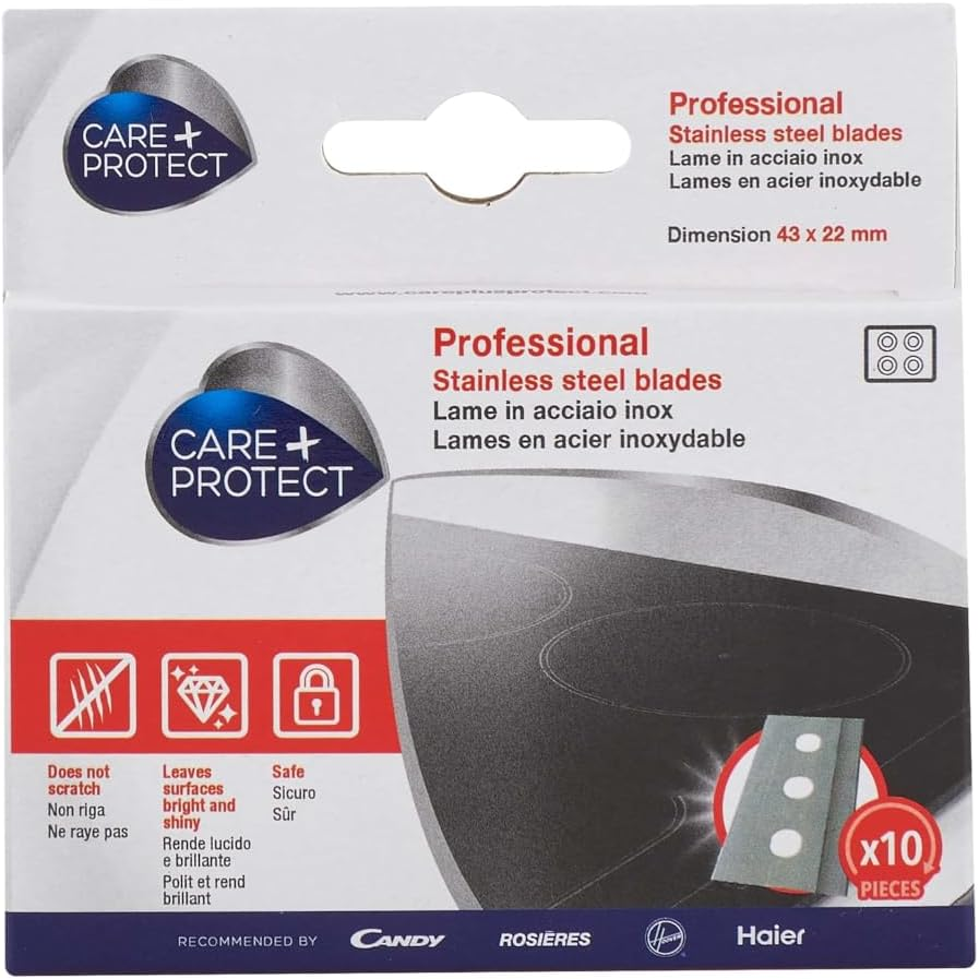Care + Protect Blades for Cleaning Scraper, for Glass, Ceramic, and Induction Hobs, No Scratch, Leaves Surfaces Bright and Shiny, Safe, Pack of 10 Blades