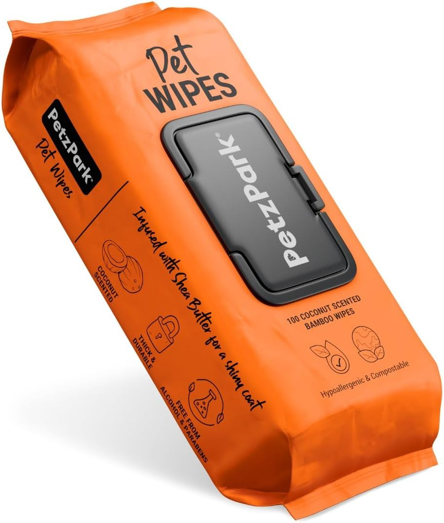 Dog Wipes Petz Park - Hypoallergenic, Cleaning and Hydrating, for Grooming Paws, Body and Butt - Coconut Scented, Made from 100% Compostable Bamboo - 100 Wipes