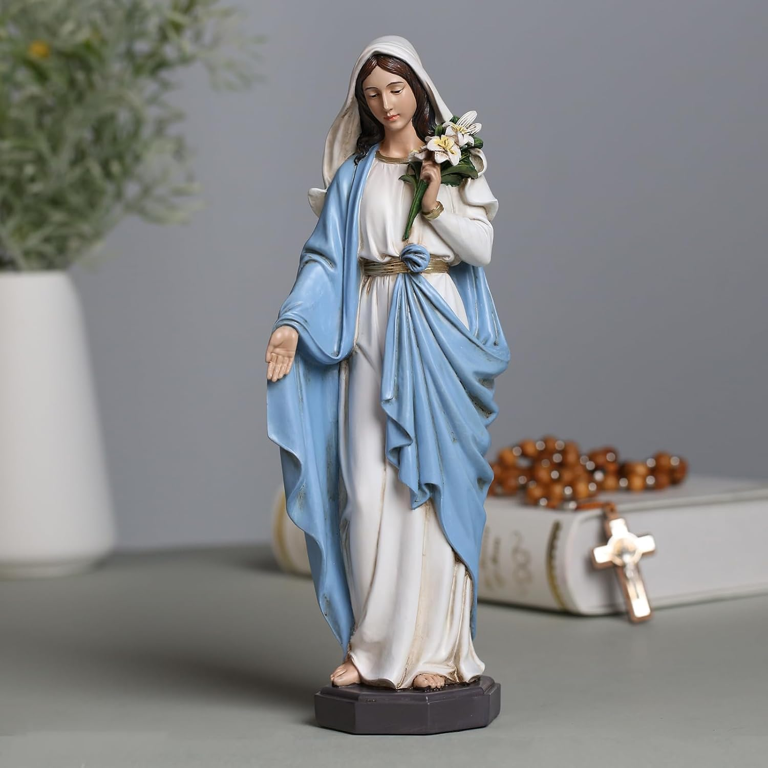 Grace4Joy Blessed Mother Mary Statue - 10 Inch Madonna Virgin Mary Statue Elegant Home Decor, Hand Painted Saint Mary Holding Lilies Figurine Renaissance Collection image number 1