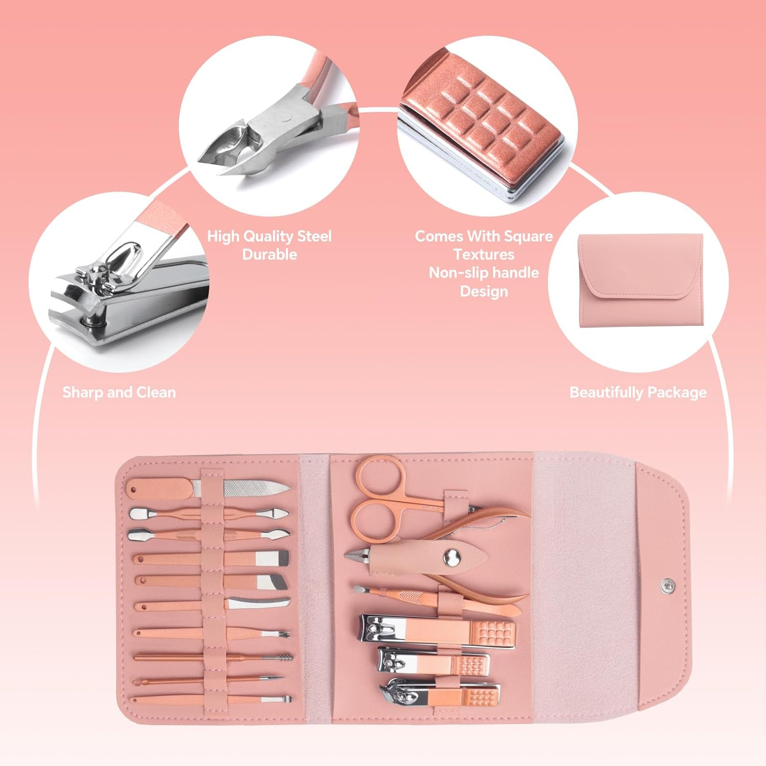 DAWNTREES Nail Clippers Set 16 in 1 Manicure Set Stainless Steel Professional Pedicure Set,Women'S Nail Clippers,Rose Gold Nail Scissors,Nail File, Nose Hair Scissors,Eyebrow Razor. image number 6