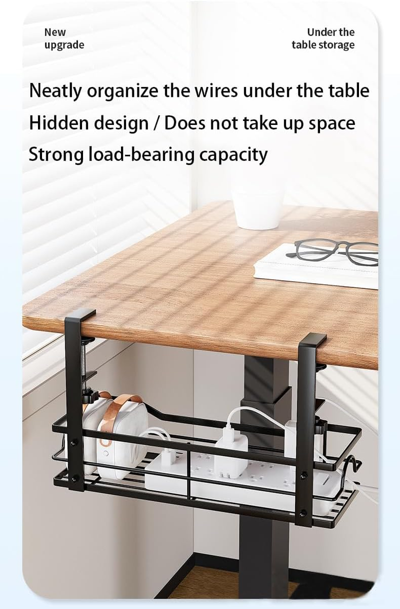 Virellisee 2 Pack under Desk Cable Management Tray No Drilli, Metal Cable Tray with Clips for Desktop Socket Management, Cord Organizer for Office and Home (Black) image number 4