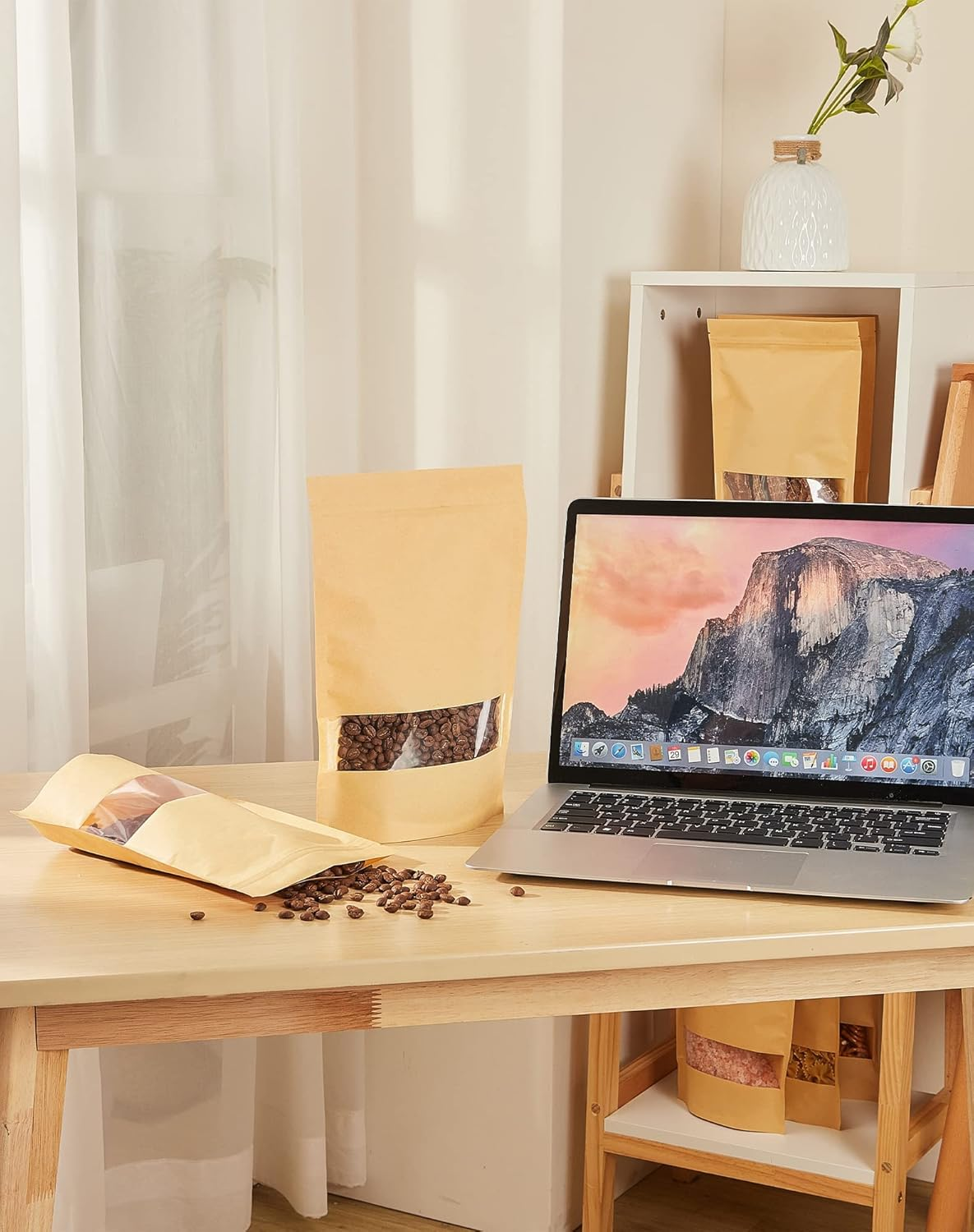 100 Pcs Brown Paper Bags with Window, 3.5" X 5.5" Stand up Pouches, Zipper Food Storage Bags for Packaging Products, Reusable, Sealable image number 6