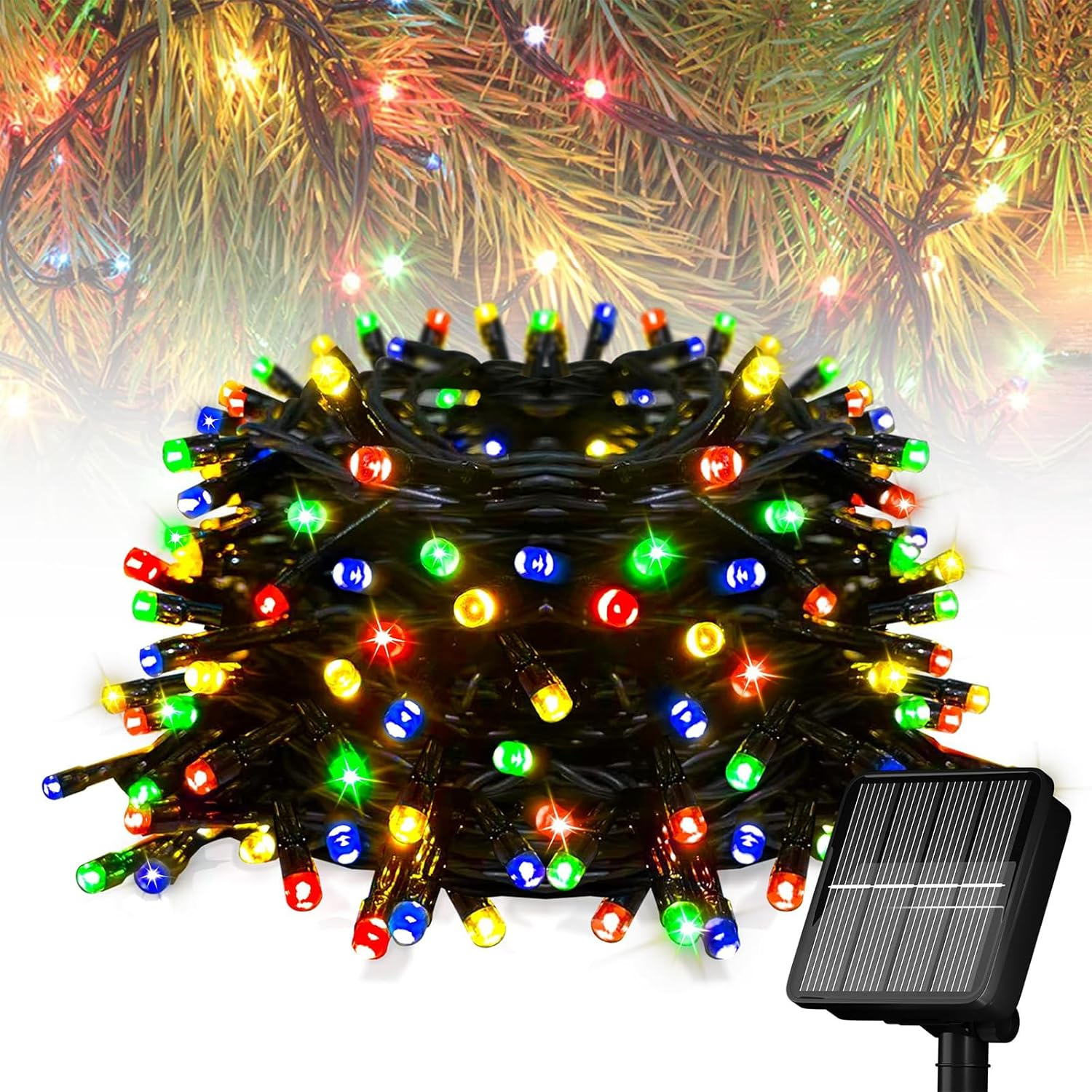 Bongu Solar Christmas Lights, 12M 100LED 8 Modes Waterproof Solar String Outdoor Lights, Fairy Lights for Christmas Tree outside Bedroom Decorations (Warm White)
