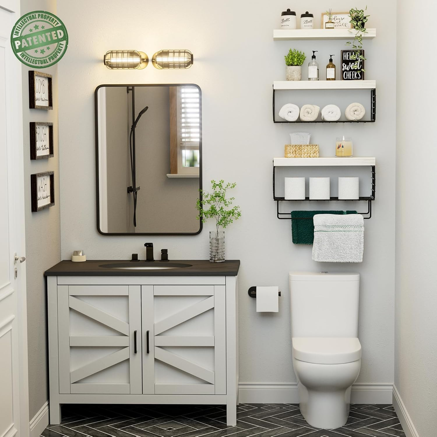 Floating Wall Shelves, Bathroom over Toilet, 40 Cm Set of 3, Wall Mounted Floating Shelves Toilet Paper Storage Small Farmhouse Decor(White 2 Baskets Storage) - Black image number 6