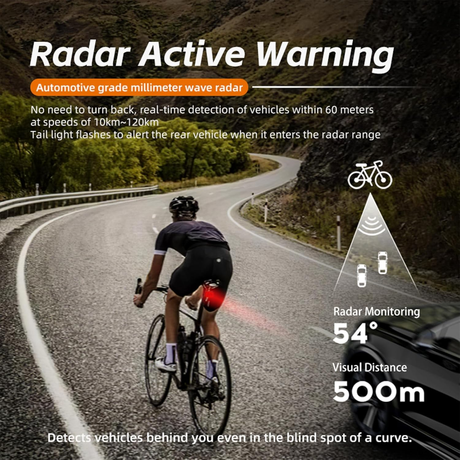 CYCLAMI Bike Radar Tail Light with 24Ghz Radar Detection, Active Alert & Brake Sensing, 500M Visibility, 5 Modes for Road/Mtb Cycling Safety Light, Vibration Wake-Up, IP64 Waterproof, Type C image number 1