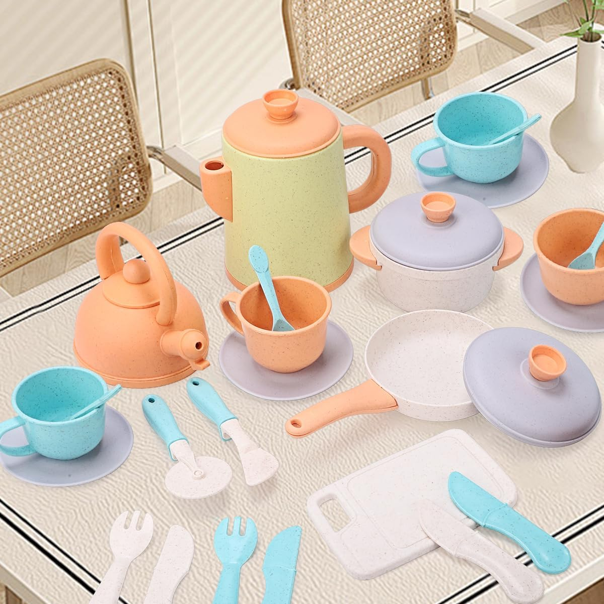 JQLM Kids Kitchen Playset, Play Kitchen Accessories Pretend Play Role Toys with Cookware Pots and Pans, Cooking Utensils, Tea Set for Toddler, 3 4 5 6 Year Old Boy Girl Gifts image number 5