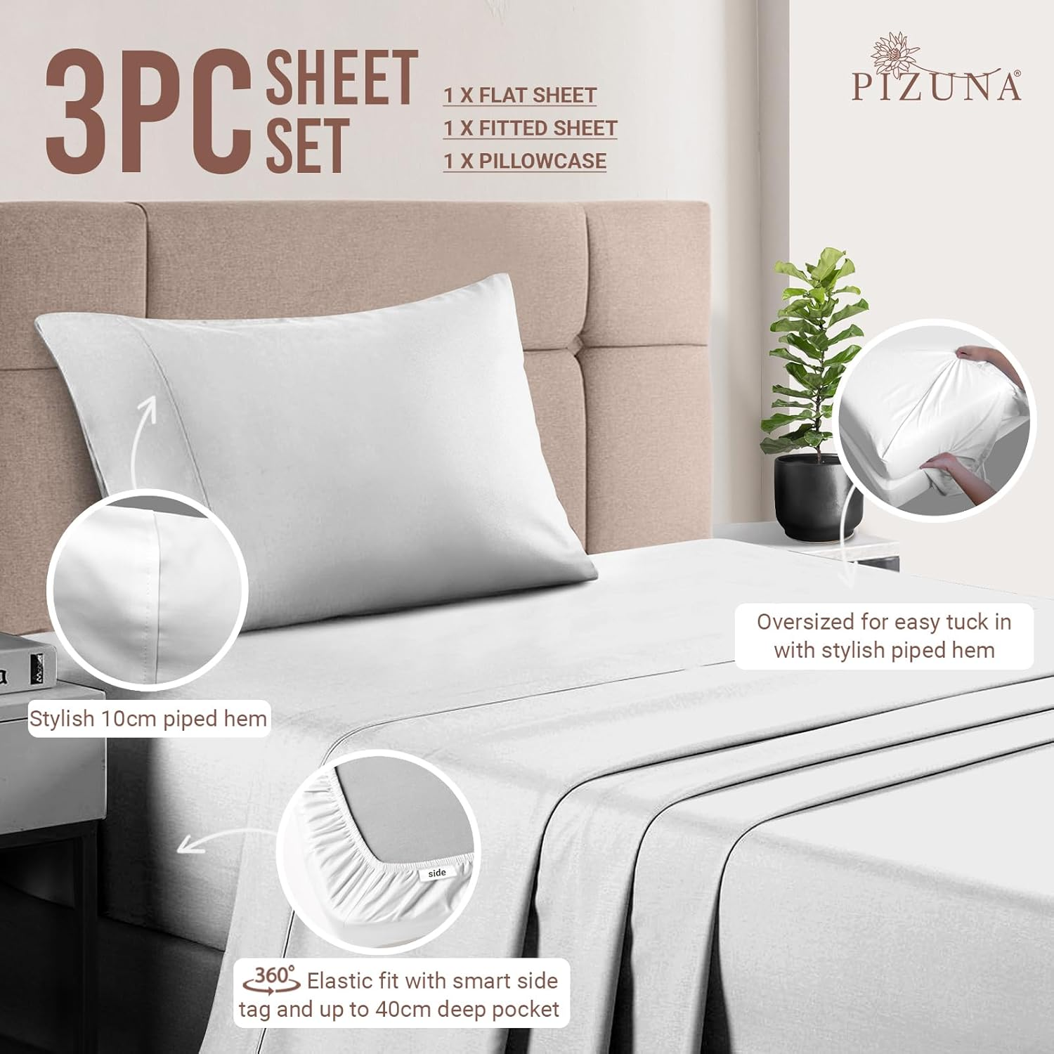 Pizuna Cotton Single Sheet Set, 500 Thread Count 100% Combed Cotton Sateen Weave Single Bed Sheet Set Include 1 Fitted Sheet, 1 Flat Sheet & 1 Pillow Case (Bright White Sheet Set - 3 PC) image number 7