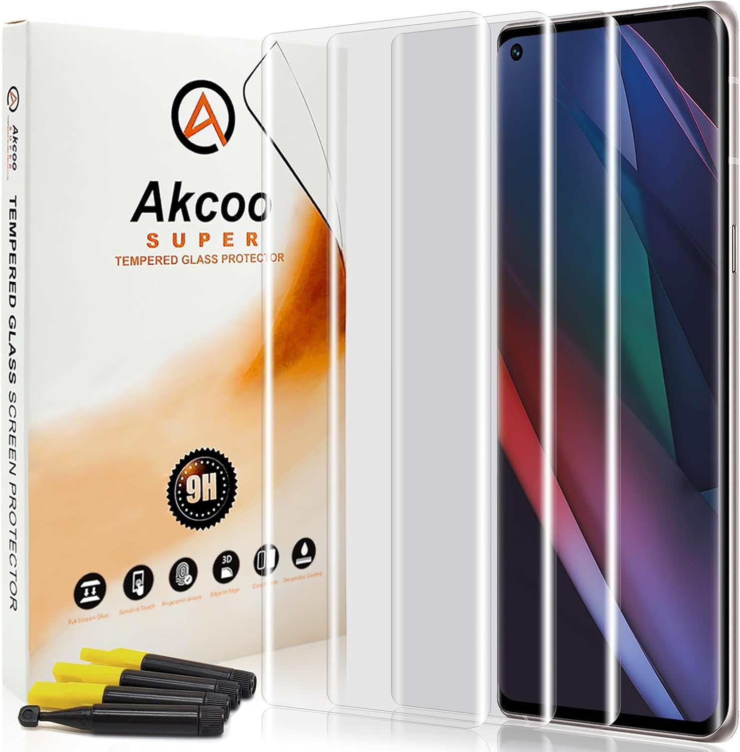 Akcoo Screen Protector for OPPO Reno10 5G,UV Tempered Glass - 3 Pack, Liquid Despersion Tech,Edge to Edge Coverage,Sensitive Touch