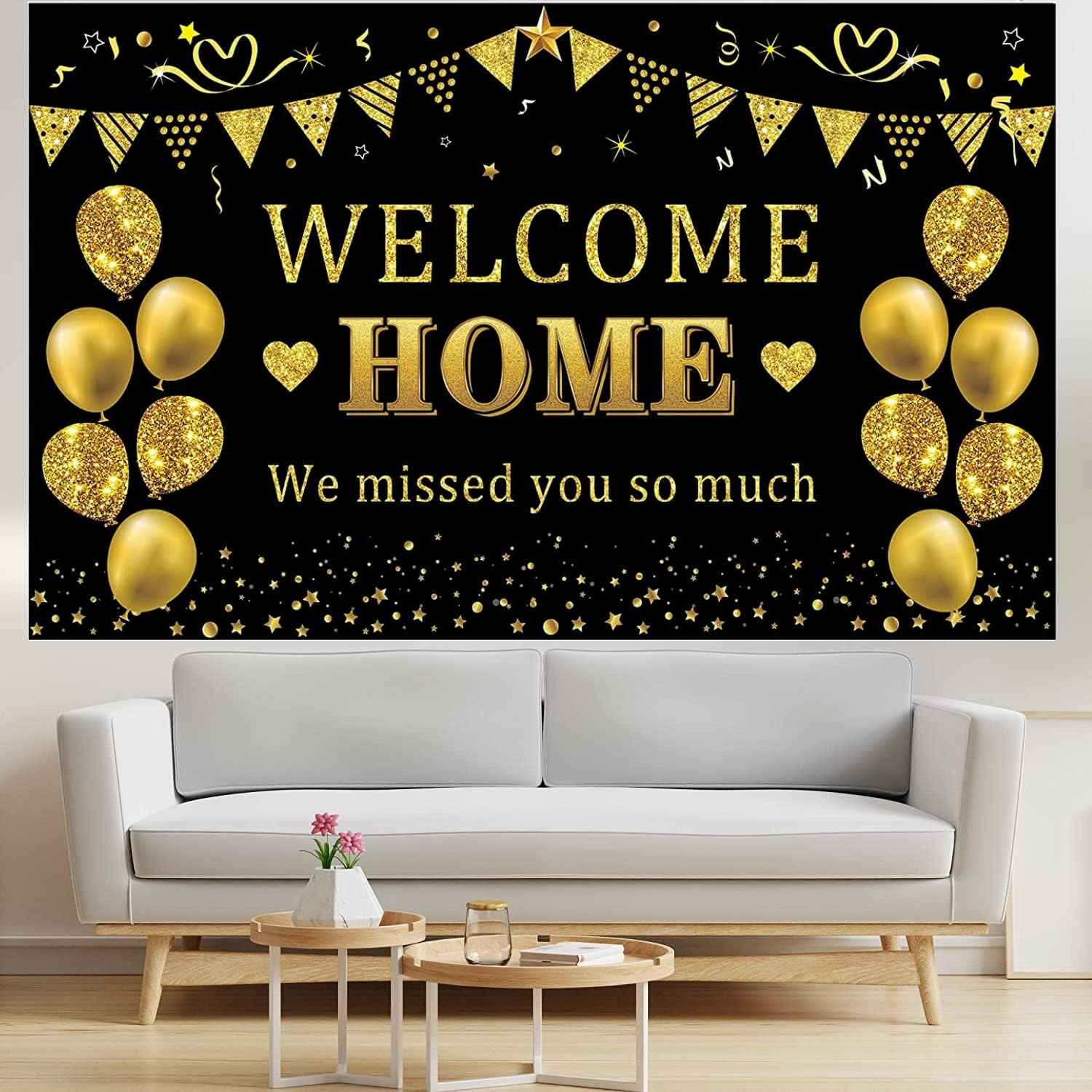 Yuanbigtai Welcome Home Banner Decorations, Black Gold Welcome Home Backdrop, We Missed You so Much Party Decor, Family Reunion Patriotic Military Homecoming Returning Party Supplies 70.8 X 43.3 Inch image number 3
