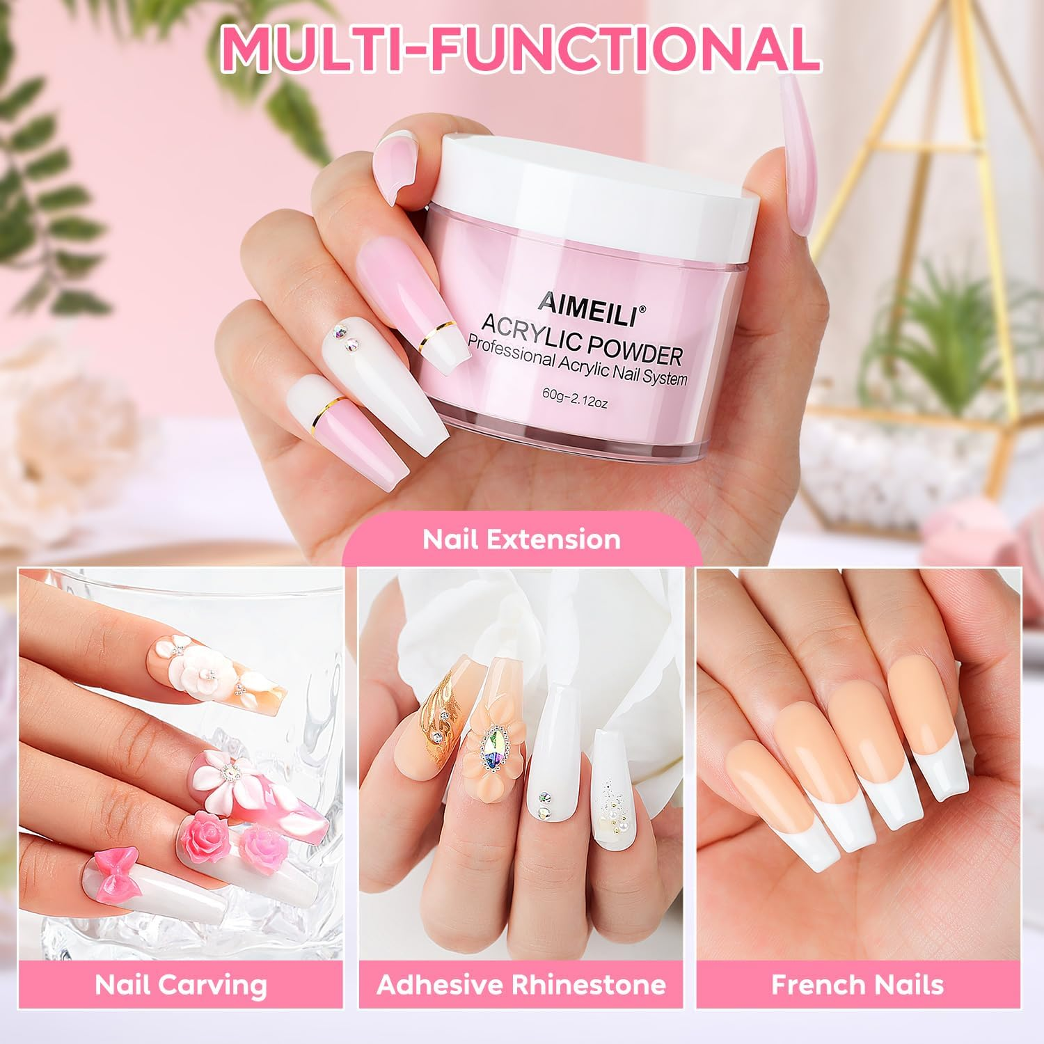 AIMEILI Acrylic Nail Powder 60G Pink Acrylic Powder for Acrylic Nail Art 3D Nail Carving French Nail Extension image number 1