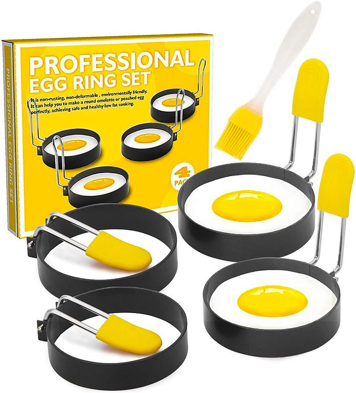 Egg Ring for Frying and English Muffin - round Shaper Mold with Anti-Scald Handle - Stainless Steel Non-Stick Cooker Ring - 4 Pack (Oil Brush Included)