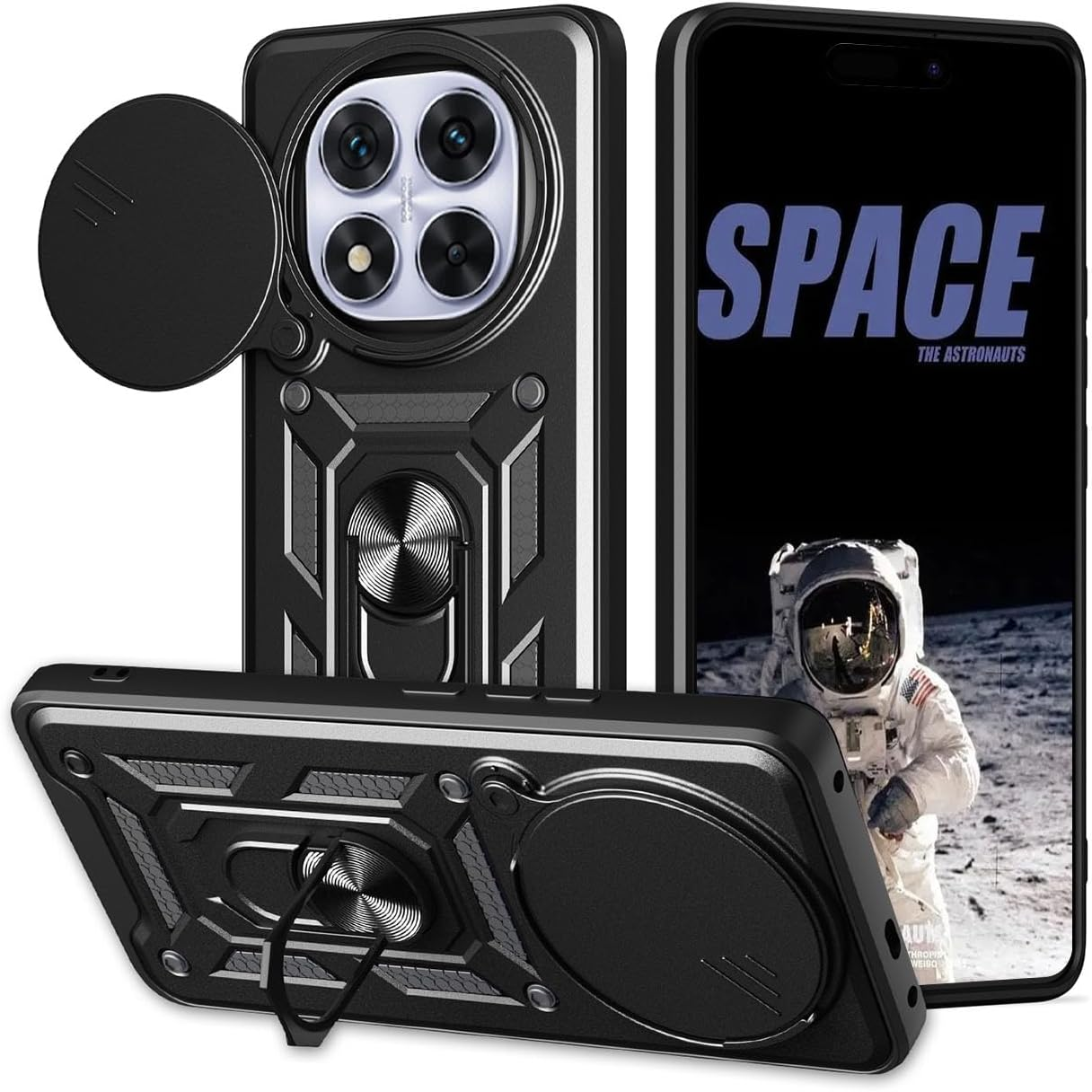 YUEQIAN Case for Xiaomi Redmi Note 14 Pro+ plus 5G, Sliding Camera Cover & Rotating Stand Ring Shockproof Mobile Phone Case, Hard PC + TPU Military Armour Scratch-Resistant Protective Case, Black - Red image number 6