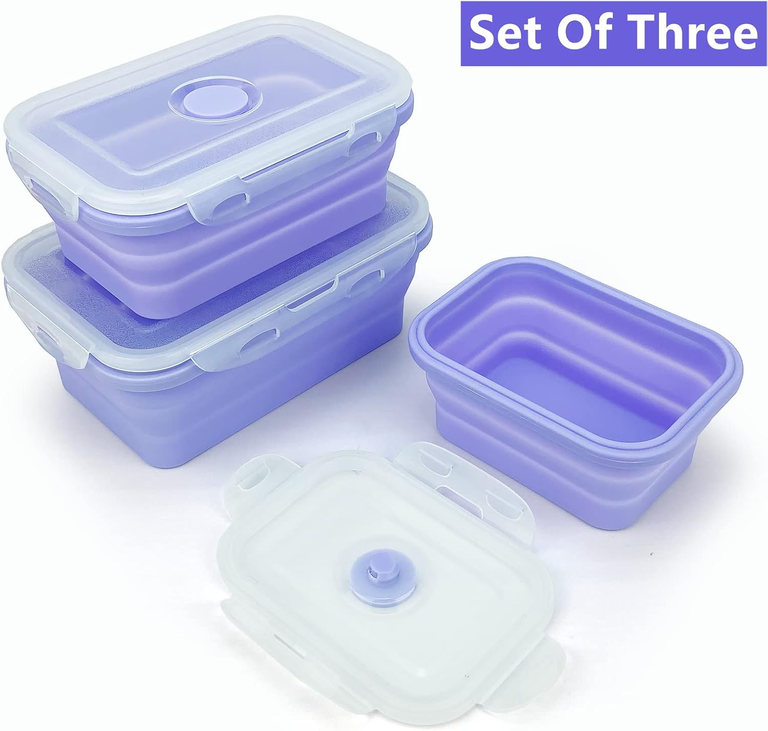 Lunbengo Purple Collapsible Meal Prep Containers Camping Bowls Silicone Bento Box with Airtight Plastic Lid, Microwave Safe, Portable Lunch Container, for Food Storage, Travel and Hiking, 3Pack image number 1