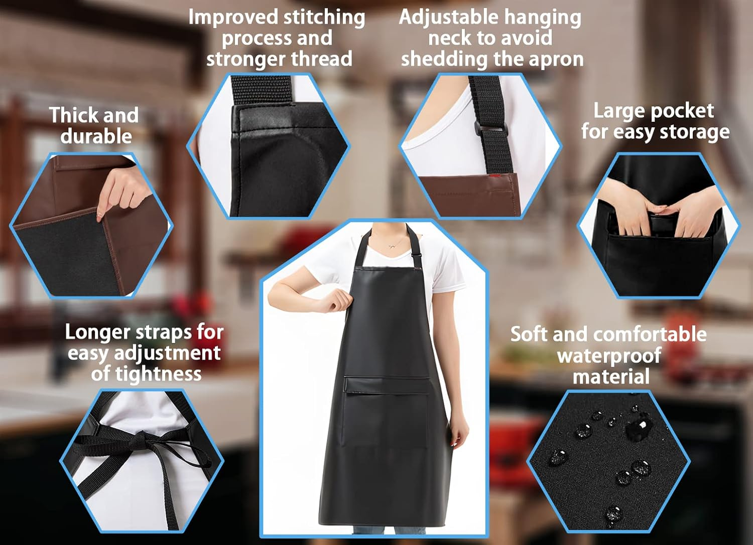 Waterproof Leather Apron for Women & Men, Apron with Pockets, Oilproof Black Apron for Kitchen,Garden,Dishwashing,Lab,Dog Grooming image number 2