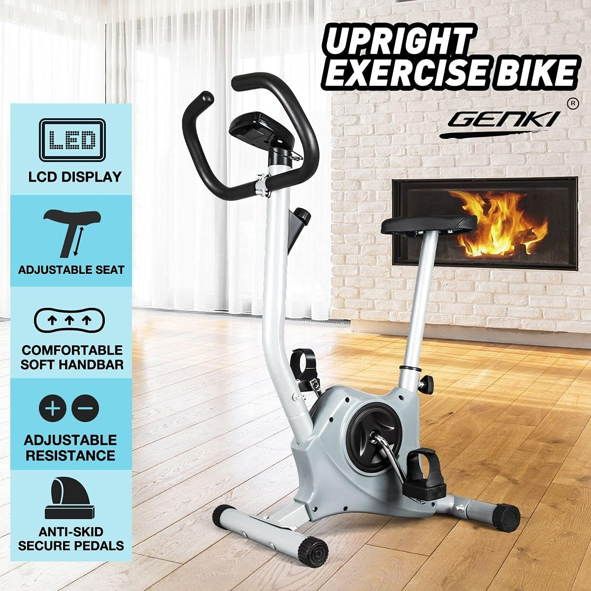 Genki Upright Exercise Bike Machine Home Gym Fitness Cardio Equipment Spin Bike Grey with LCD Display, Adjustable Seat & Resistance, 100Kg Max Weight Capacity image number 4