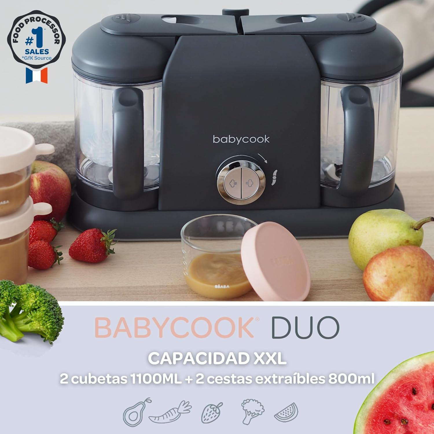 B&eacute;aba Babycook Duo Food Processor 4-In-1 Mixer Quick Steam 15 Min Diversification Food Small Pots Baby House XXL Capacity 2200 Ml Dark Grey, 912952, Dark Grey image number 3