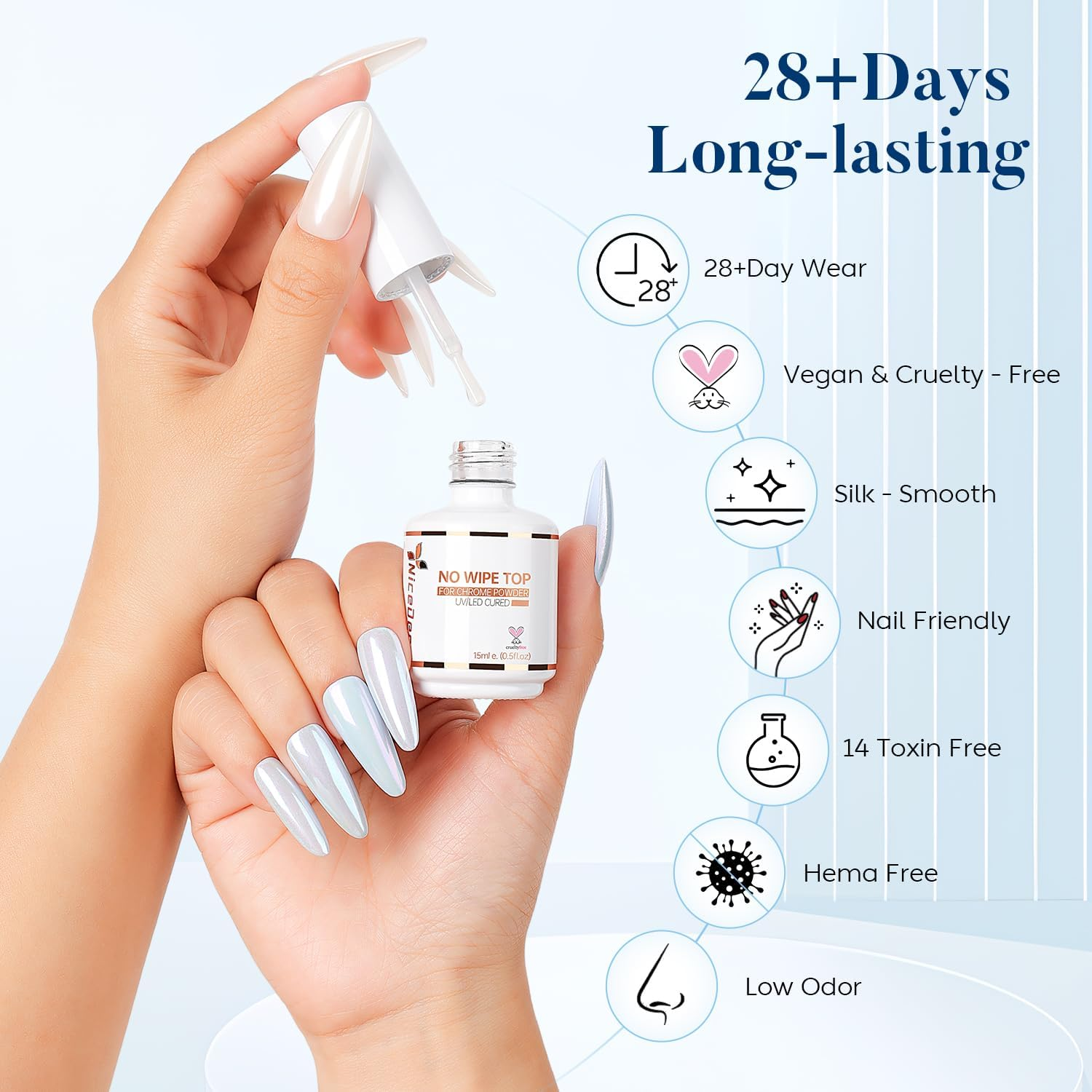 Nicedeco Gel Top Coat for Chrome Nail Powder, Hema Free, Cruelty Free, Vegan, Mirror Shiny Clear No Wipe Long Lasting Nail Polish image number 5