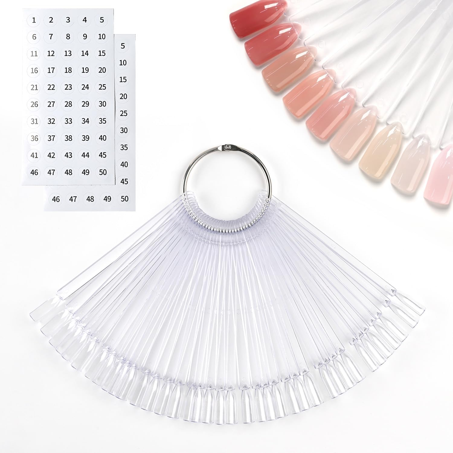 GAOY Clear Nail Swatch Sticks, 50 Pcs Fan-Shaped Nail Color Display with Number Stickers, Sample Swatches for Home or Salon Use image number 1