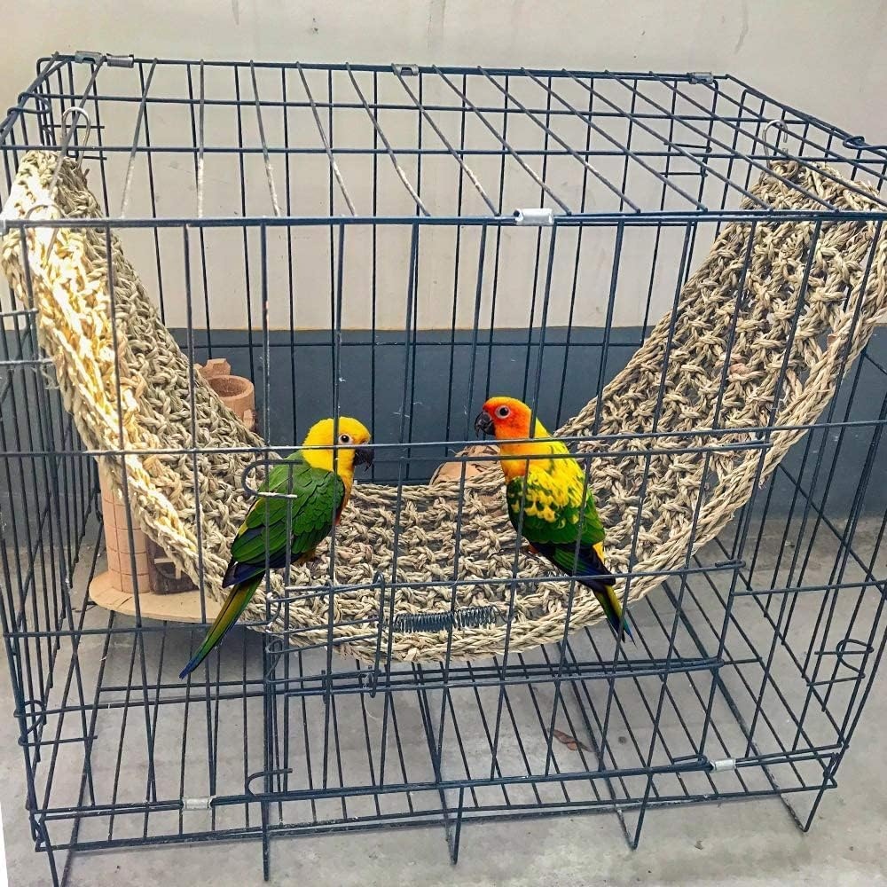 Bird Seagrass Mat,Natural Grass Woven Net Hammock Hanging on Parrot Cage with 4 Hooks,Parakeet Climbing Rope Ladder Chew Toys for Lovebird Cockatiel Conure Budgie,Cockatoo Supplies 29.5" X 7" image number 2