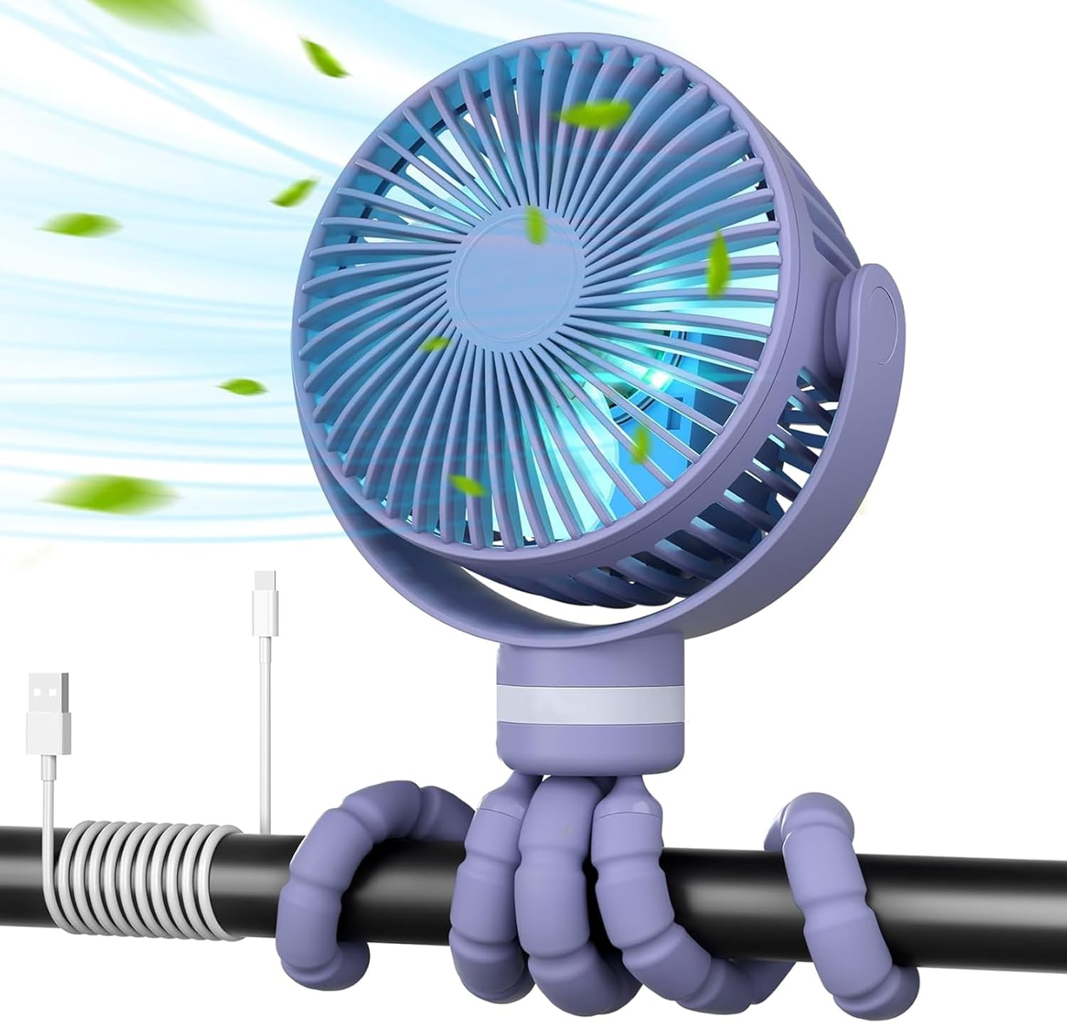 8000Mah Portable Stroller Fan, 27H Ultra-Long Battery Life Detachable 4 Speed 360&deg;Rotate LED Night Light with 2 Modes, USB Rechargeable Handheld Cooling Fan for Travel/Car Seat/Bedroom,Purple image number 1