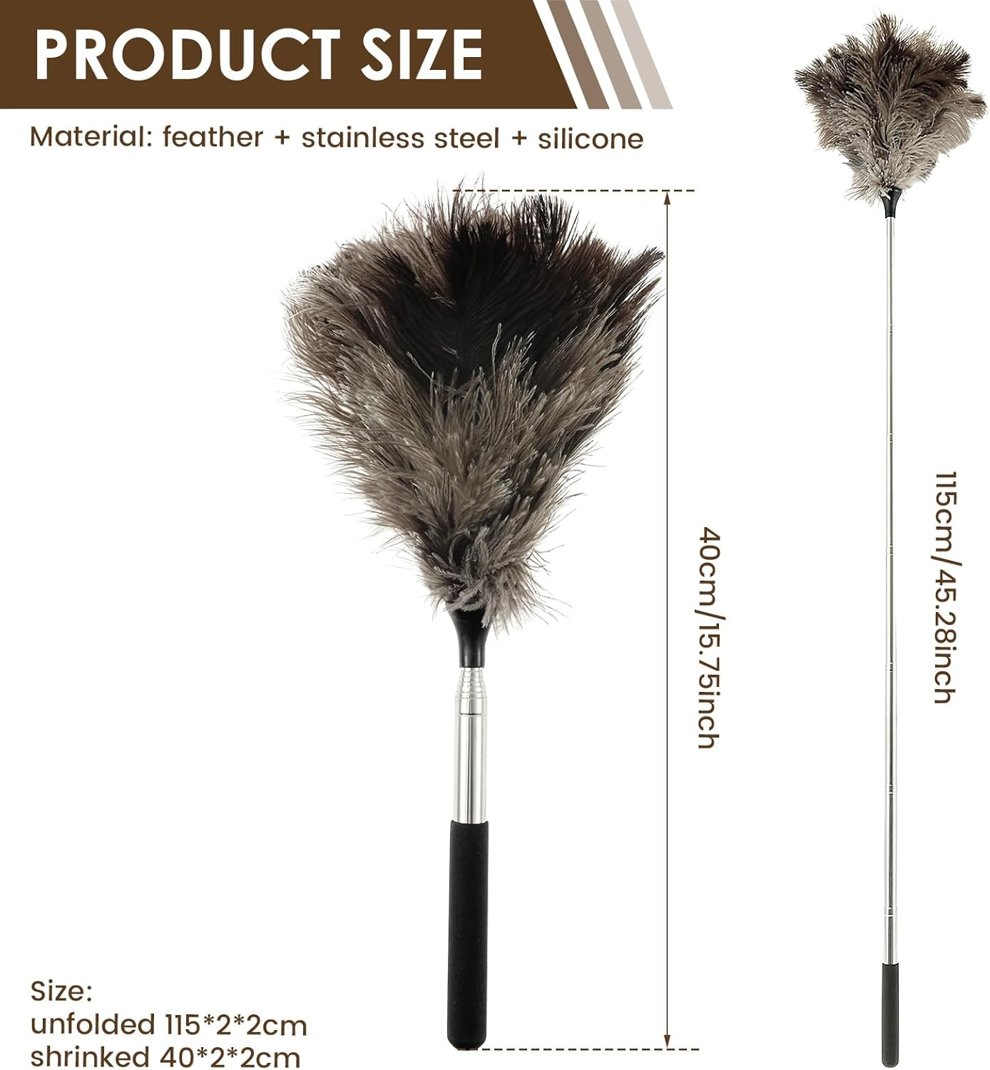 Fizocosisto Extendable Ostrich Feather Duster with Nonslip Handle, 15" - 45" Retractable Feather Duster for Cleaning Ceiling Fan Pendant Lamp High Ceiling Blinds Furniture image number 1