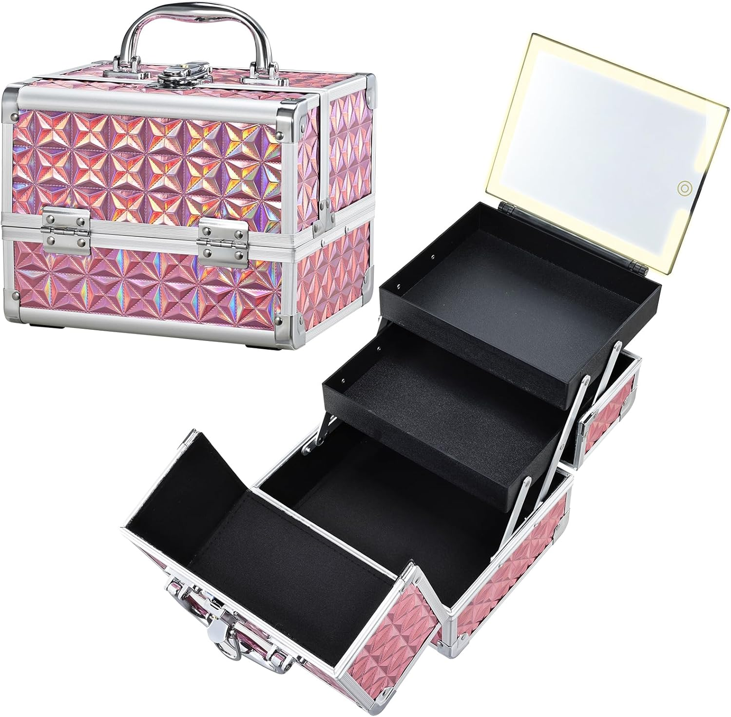 Makeup Case with Lighted Mirror Travel Makeup Organizer Box Portable Lockable 2 Trays Cosmetic Train Case with LED Mirror for Girls Make up Nail Kits Sewing Vanity Storage Case, Shiny Pink image number 2