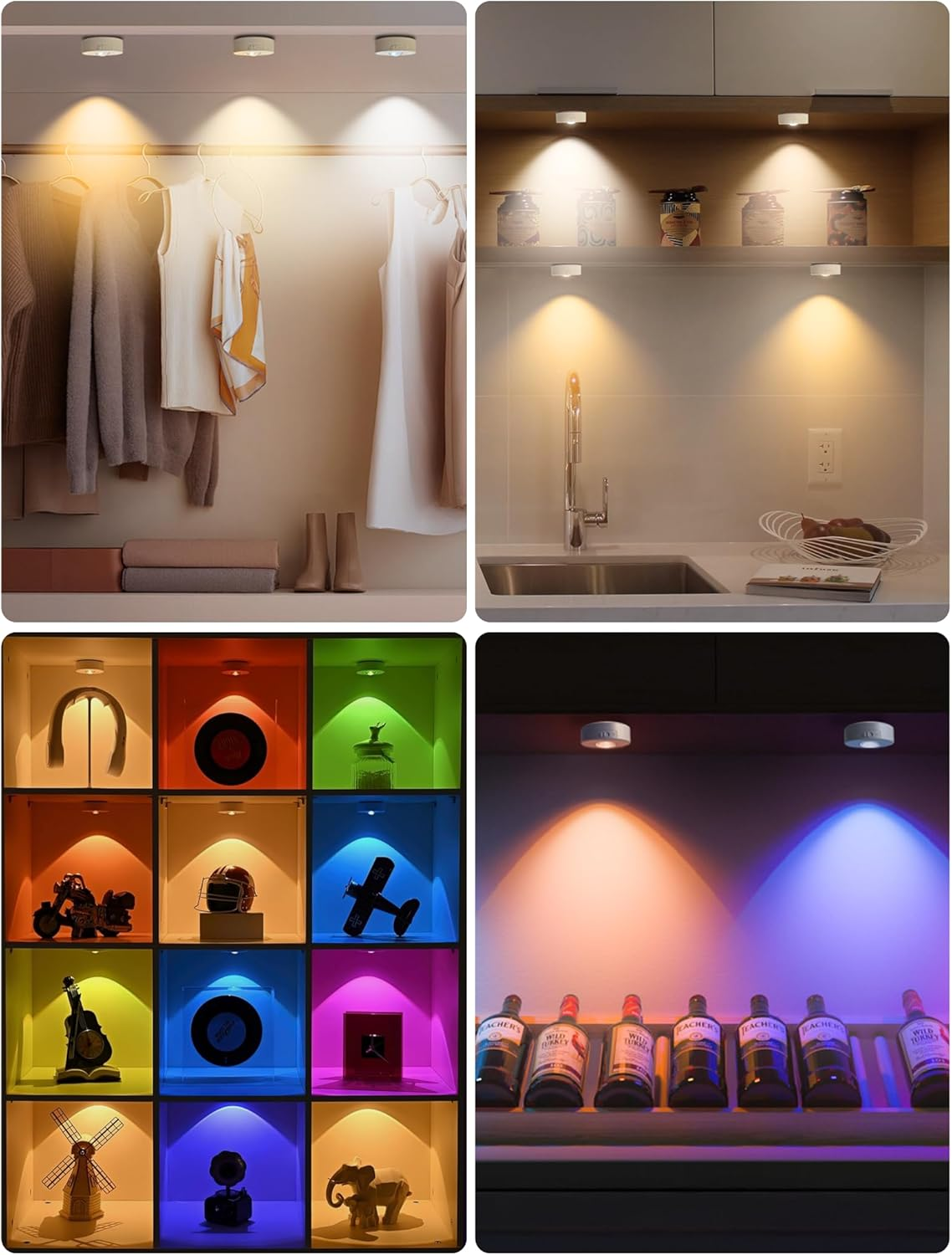 MERTTURM Rechargeable LED Cupboard Light, USB Wireless RGB Puck Light, Battery Operated Shelf Display Cabinet Light, Dimmable Stick on Wall Light with Remote Control/Timer for Wardrobe/Kitchen-3 Pack