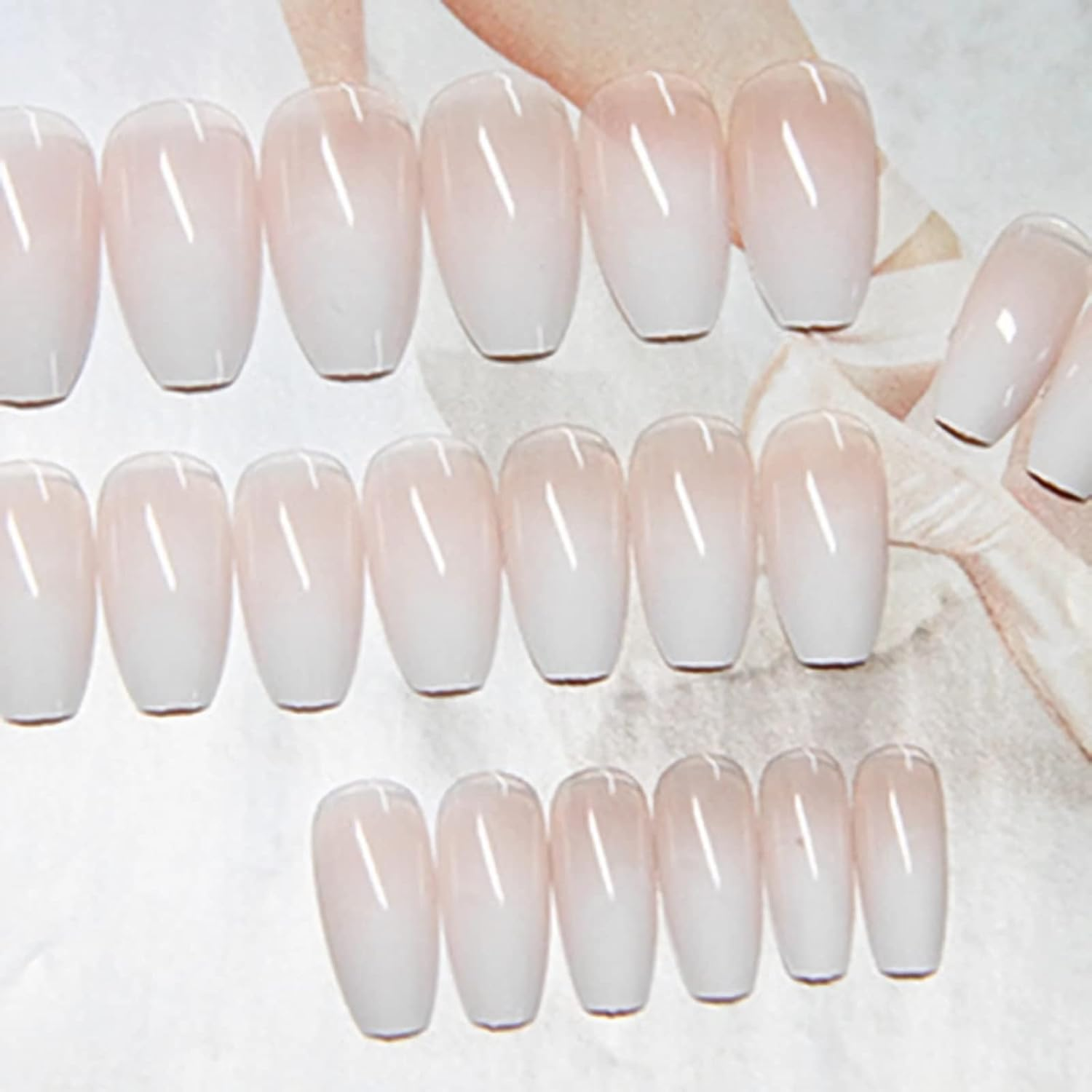 Medium Coffin Nude Gradient White Pink French Tip Fake False Press on Nails Milk Cap Acrylic Stick on Nail Kit with Glue for Christmas Mother&lsquo;S Valentine'S Day Spring image number 1