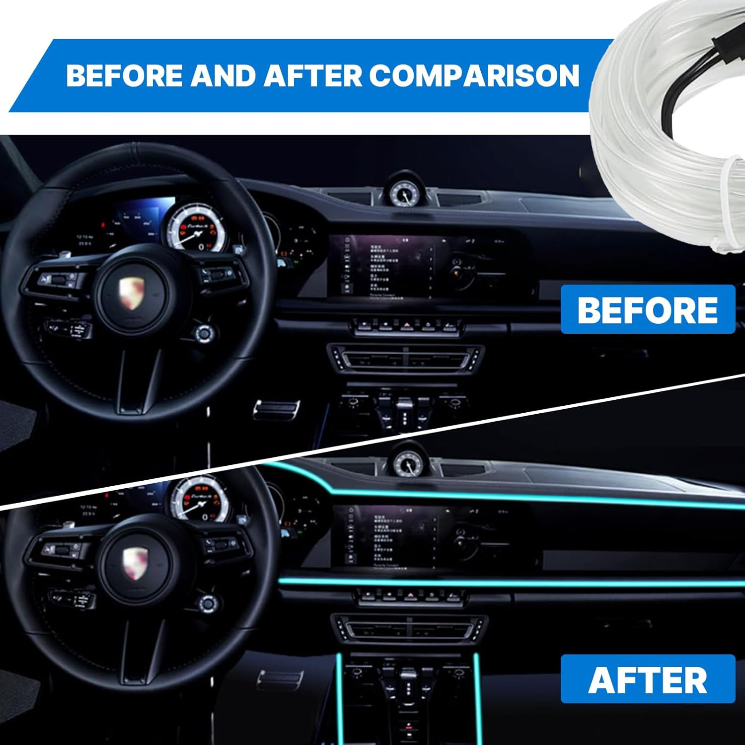 EL Wire Interior Car LED Strip Lights, 5M Usb-Powered Car Ambient LED Light Strip for Auto Indoor Gap Decorations Dashboard Accessories (Ice Blue) image number 2