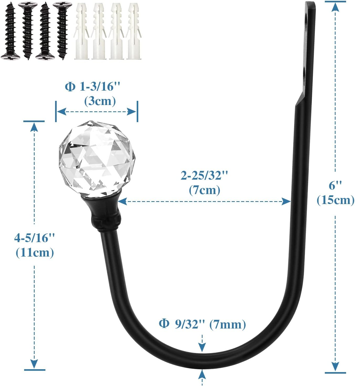 Crystal Curtain Holdbacks - Wall Mounted Decorative Curtain Pull Backs for Drapes - Metal Heavy Duty Window Treatment - U Shaped - Black 2 Pack image number 1