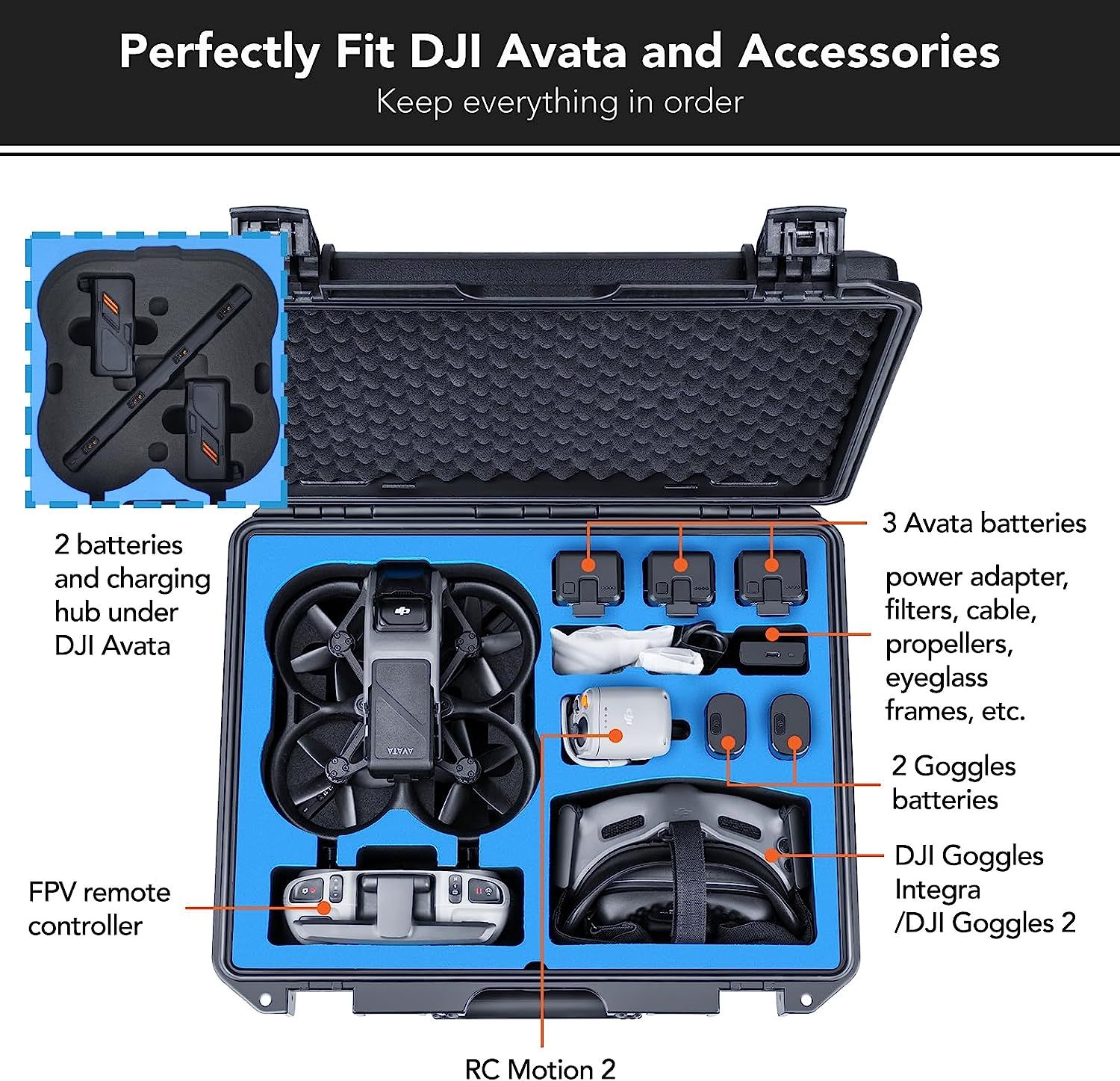 Lykus Titan AT110 Waterproof Hard Case for DJI Avata, Goggles 2/Goggles Integra, and FPV Remote Controller, Support up to 9 Avata Batteries and 3 Goggles Batteries [CASE ONLY], Black, 42.5X34.5X18 Cm, image number 5